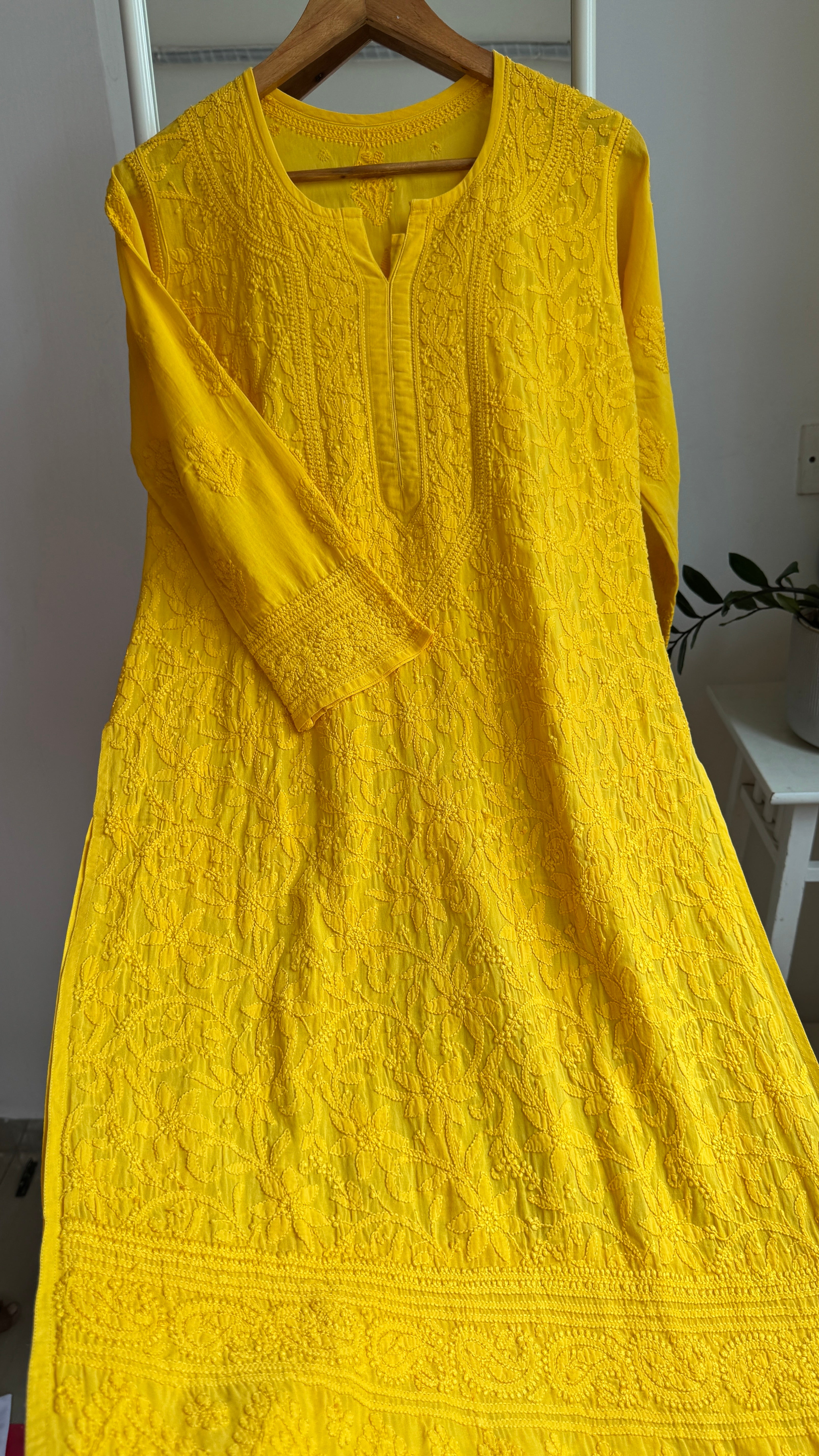 Pure Cotton Chikankari Full Jaal Kurti - yellow