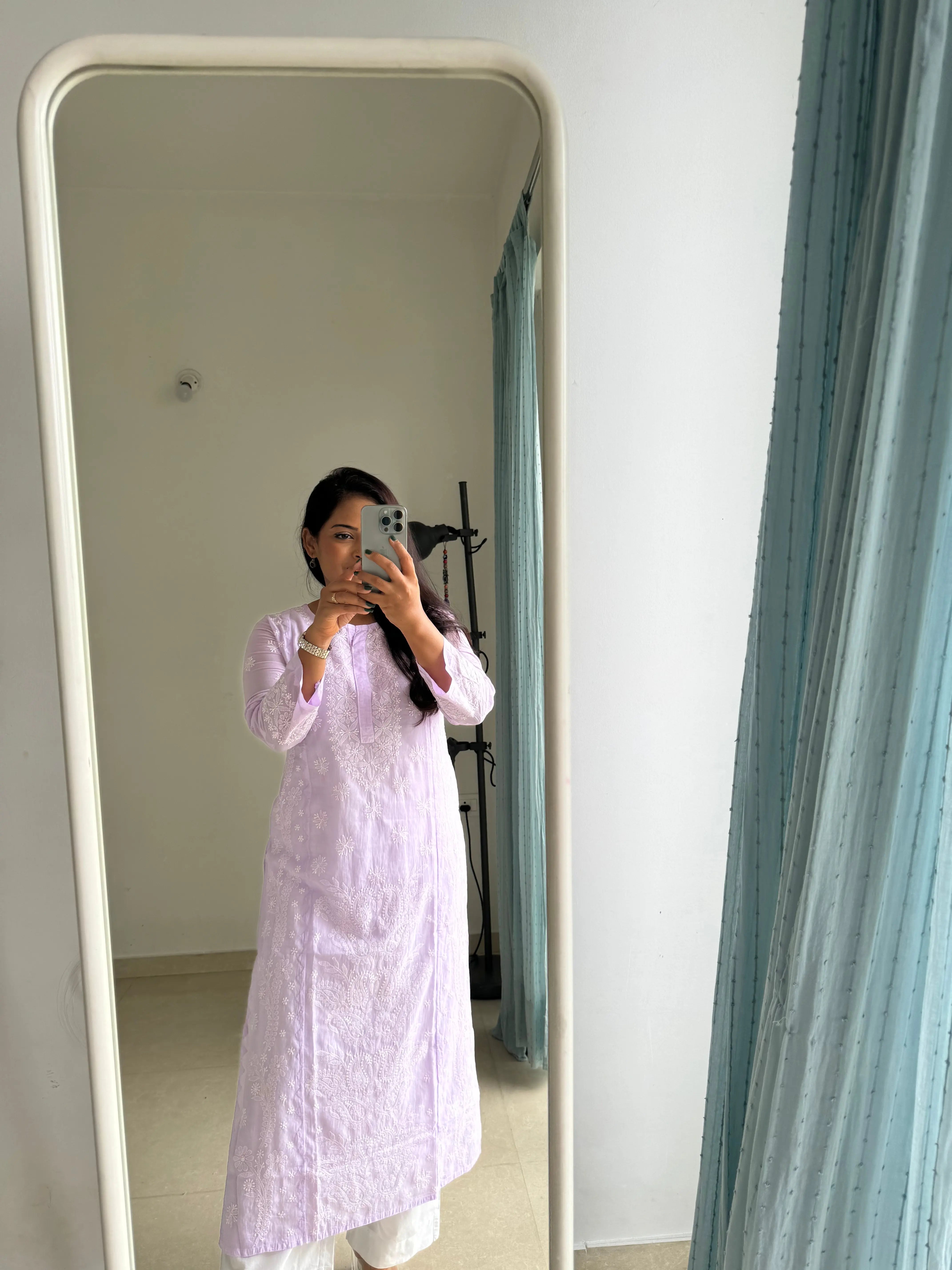 Mul Cotton Chikankari Kurti - Lilac ARIAA CHIKANKARI 