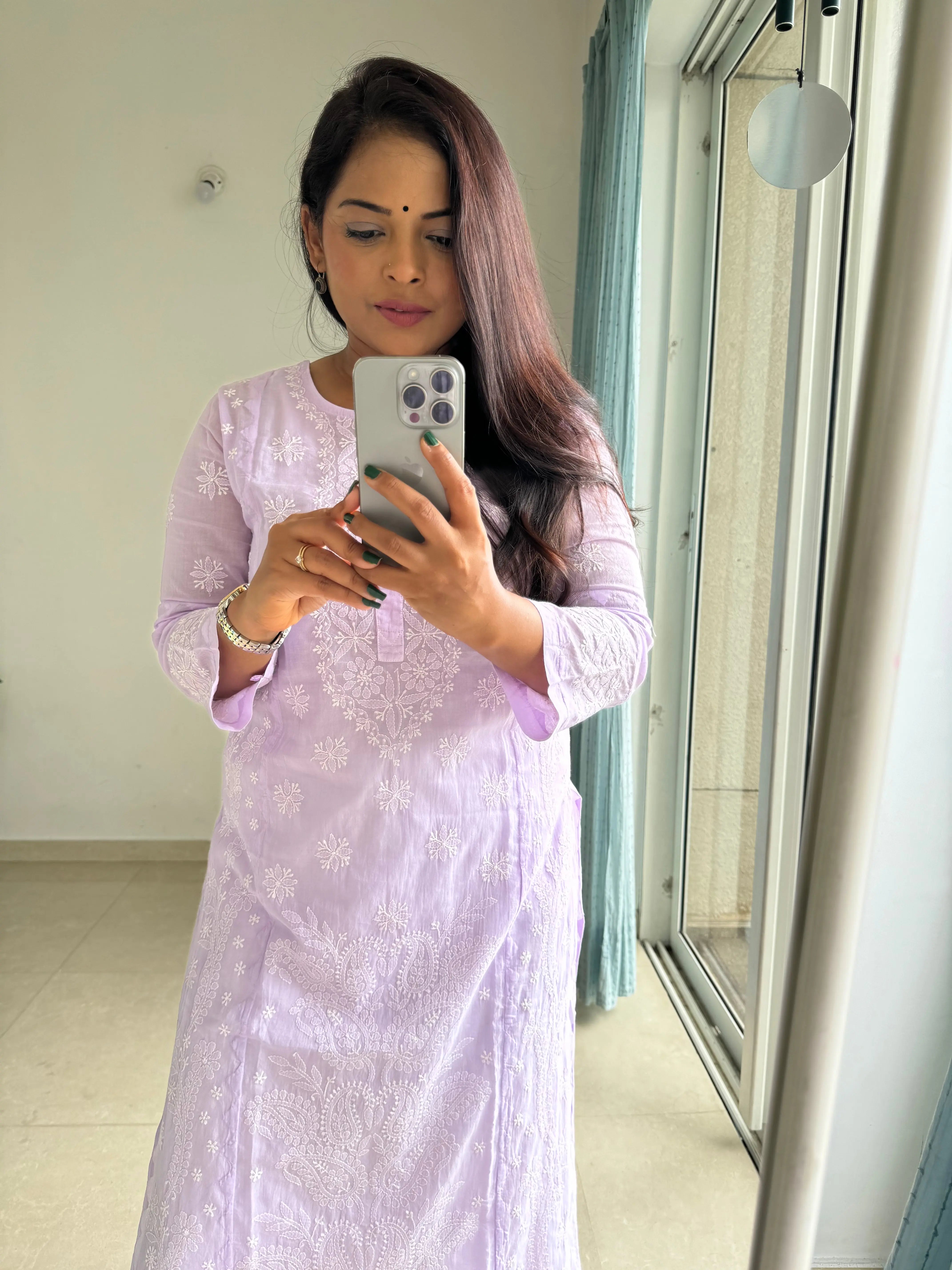 Mul Cotton Chikankari Kurti - Lilac ARIAA CHIKANKARI 