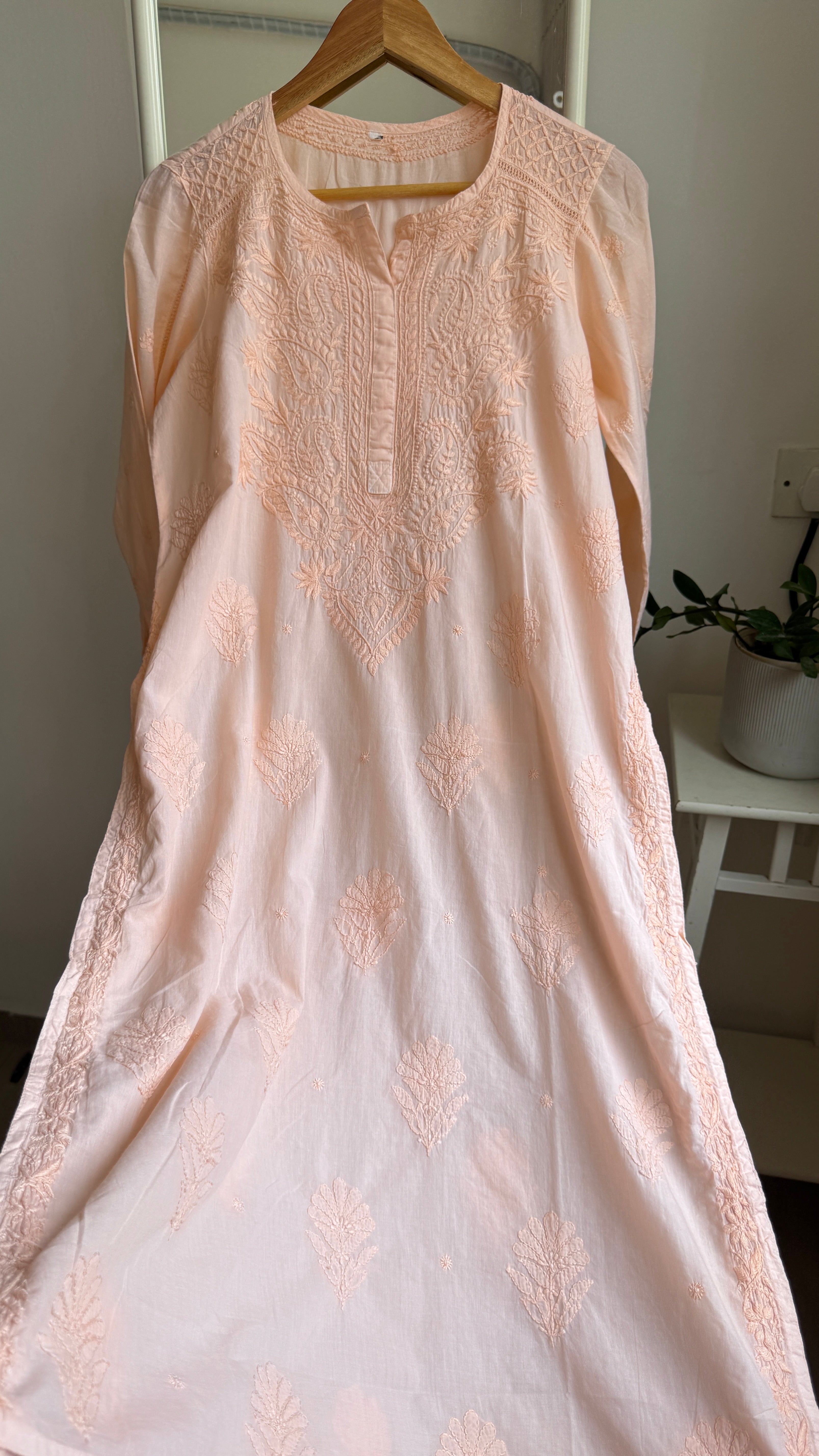 Mul Cotton Peach  Chikankari Kurti - Peach