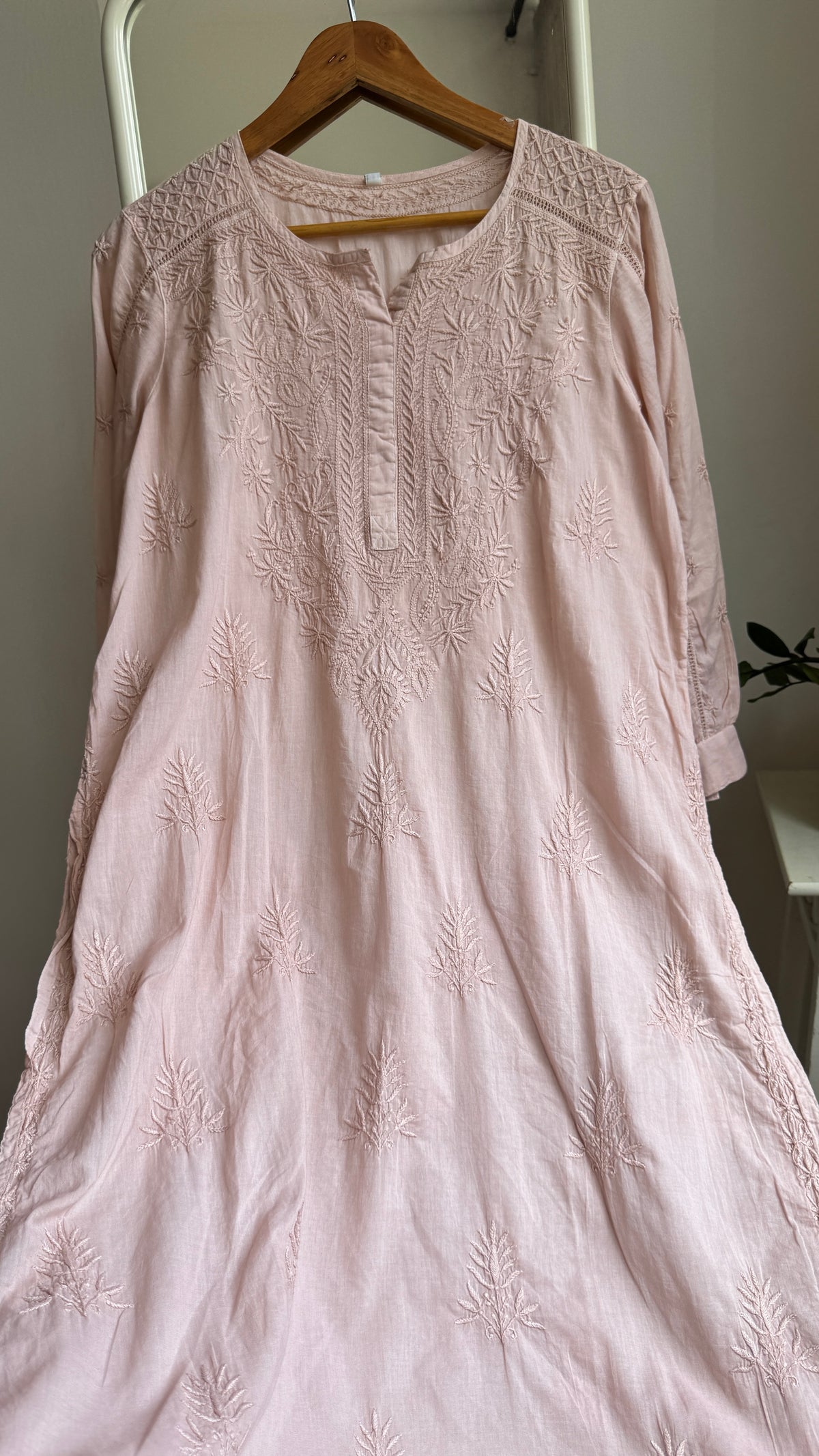 Mul Cotto Green  Chikankari Kurti - Nude pink