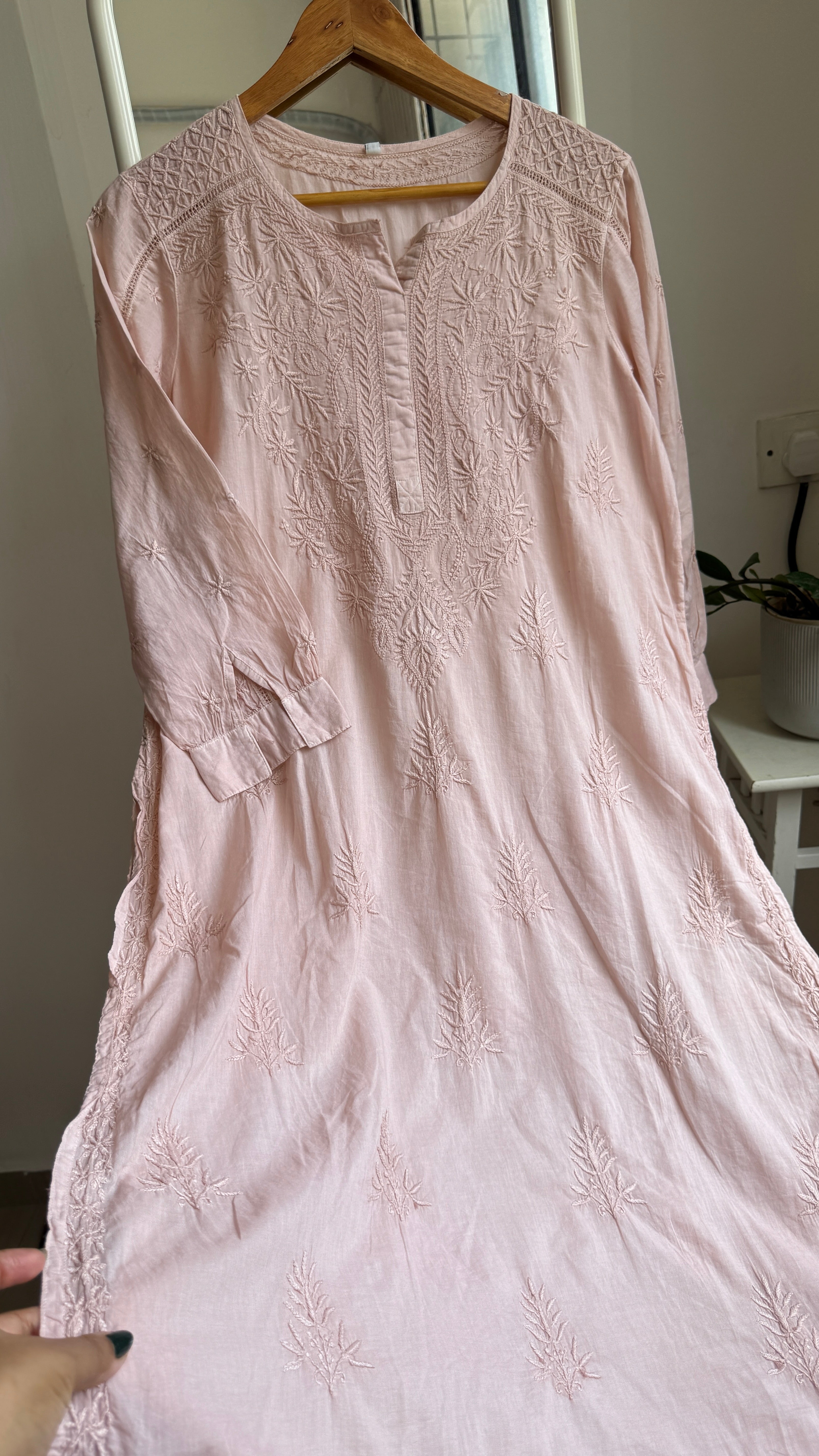 Mul Cotto Green  Chikankari Kurti - Nude pink