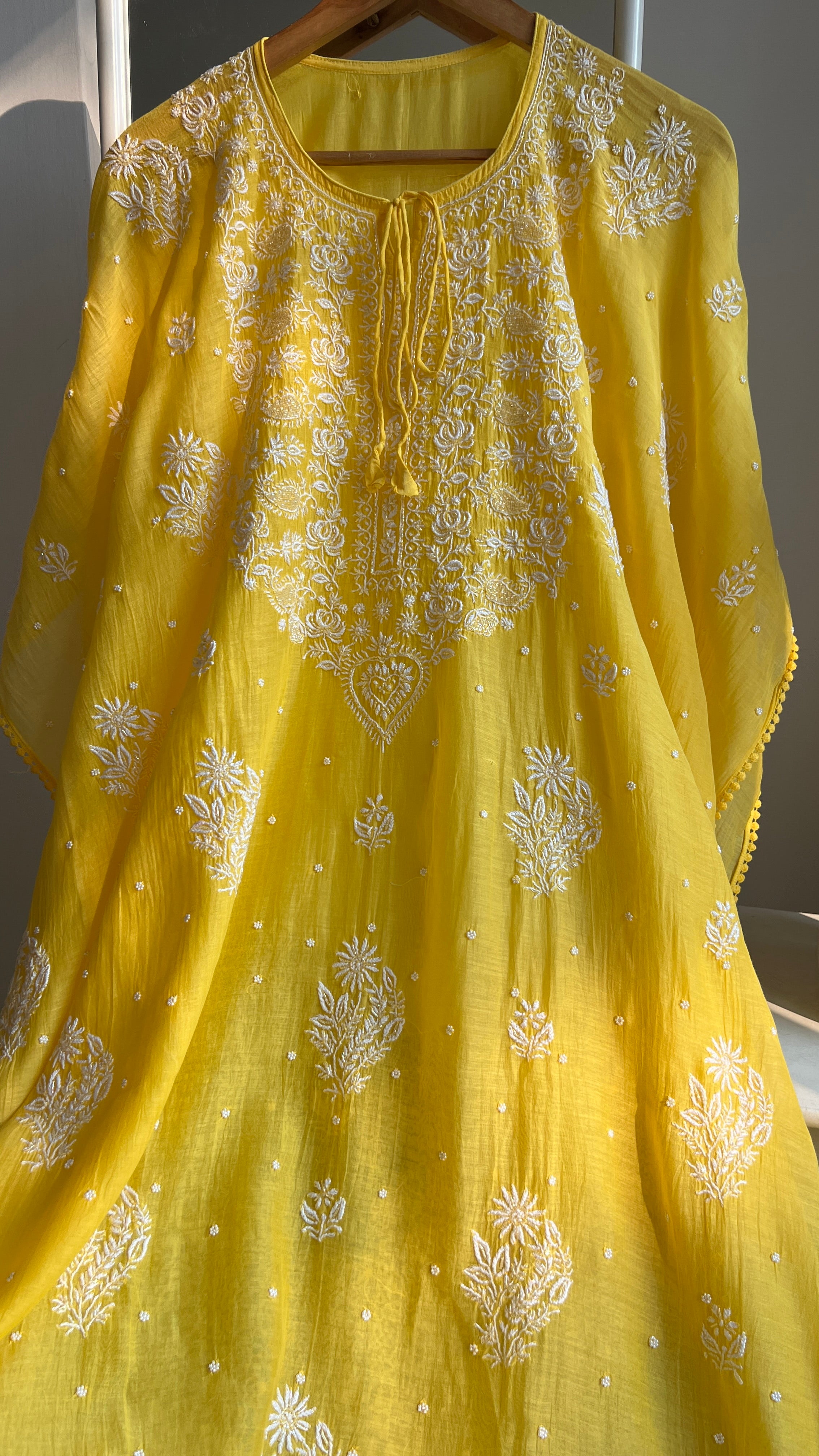 Mul Chanderi Chikankari Kaftan - Yellow