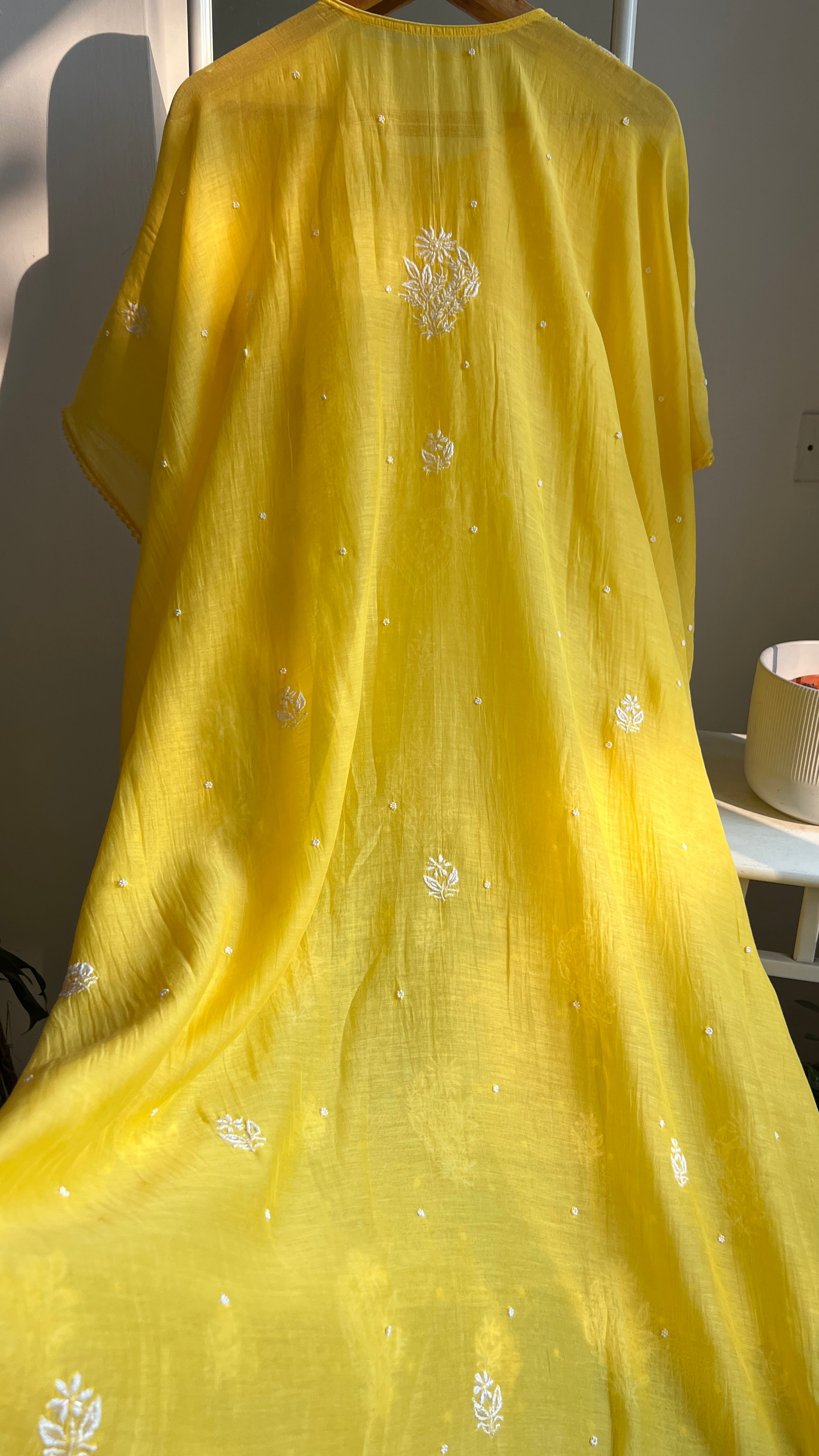 Mul Chanderi Chikankari Kaftan - Yellow