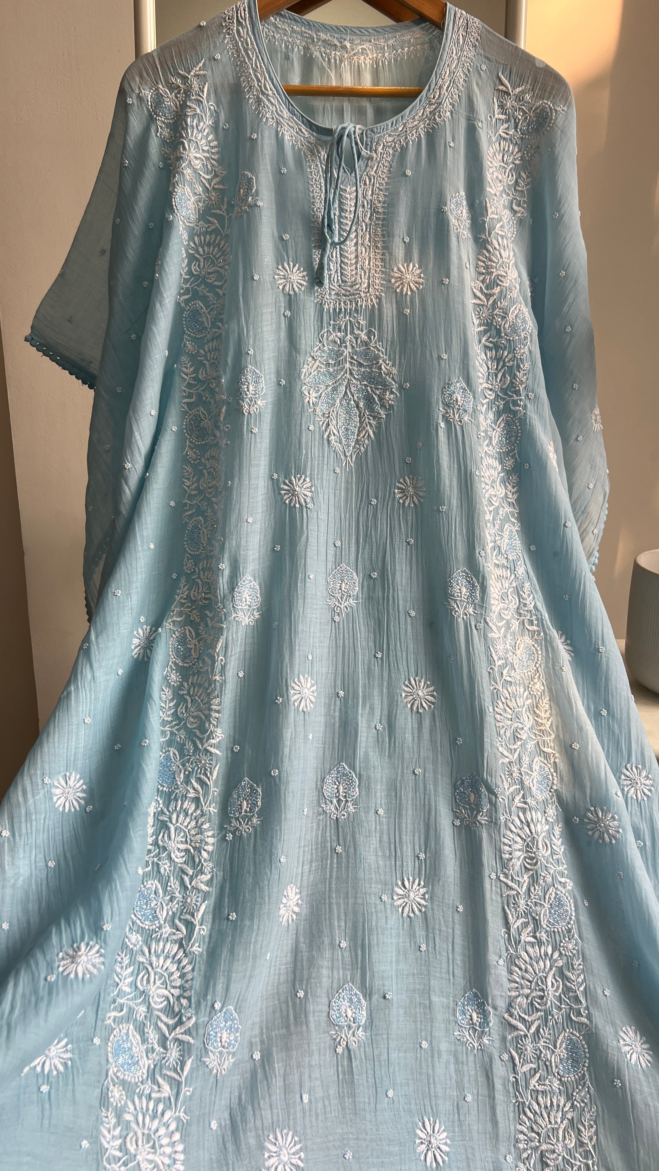 Mul Chanderi Chikankari Kaftan - Blue