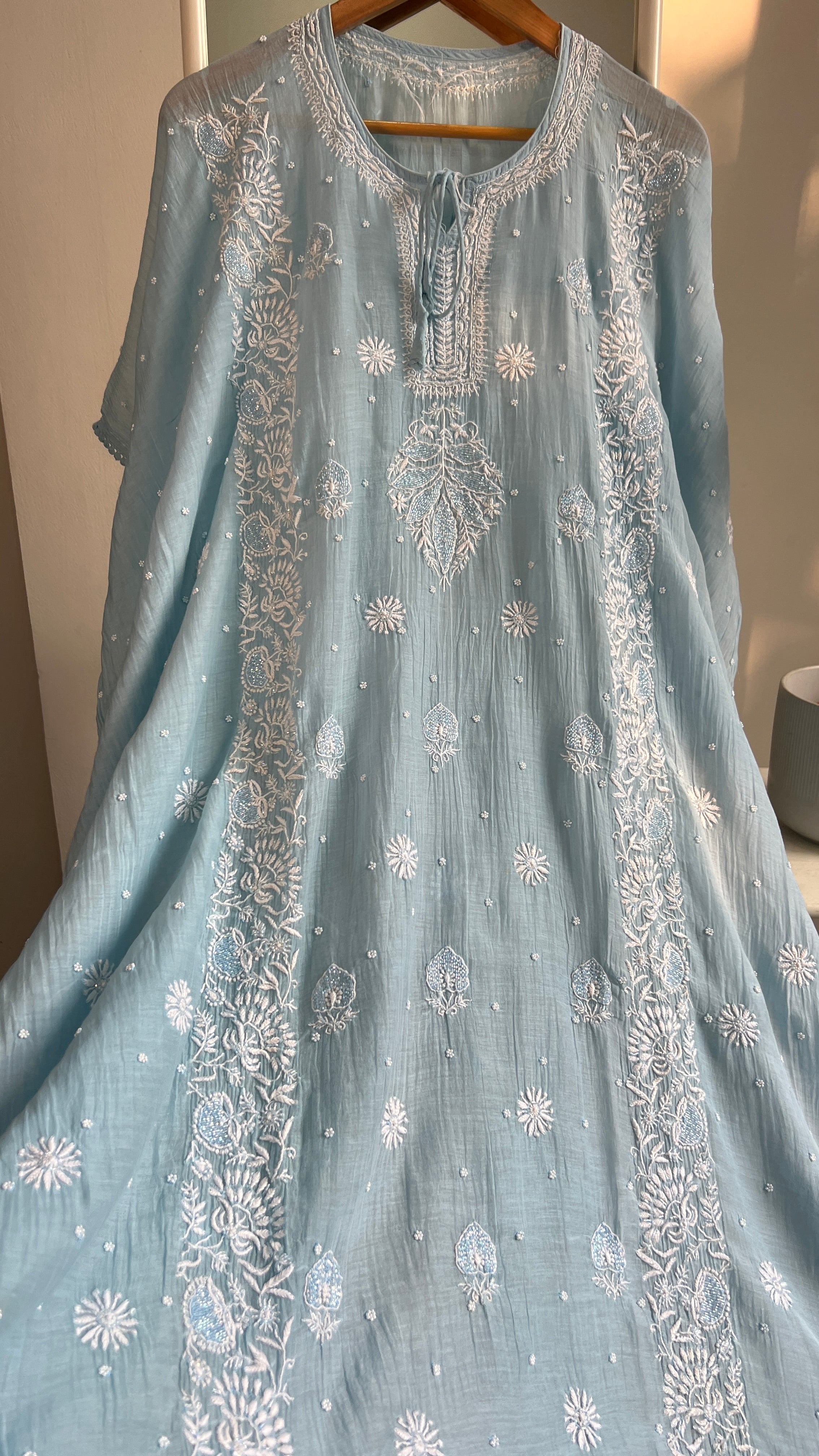 Mul Chanderi Chikankari Kaftan - Blue
