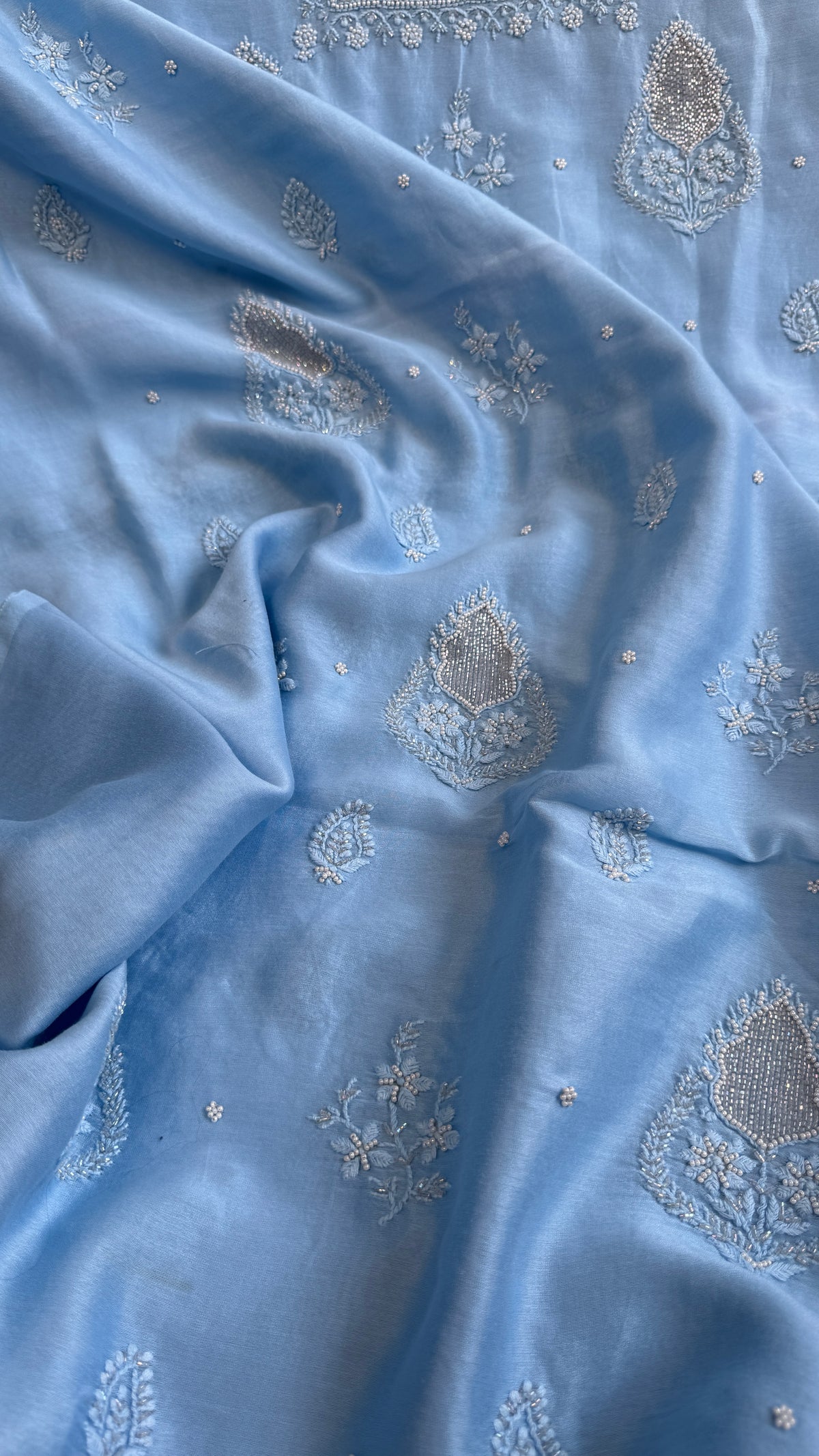 Chanderi Chikankari Length with Dupatta - Blue