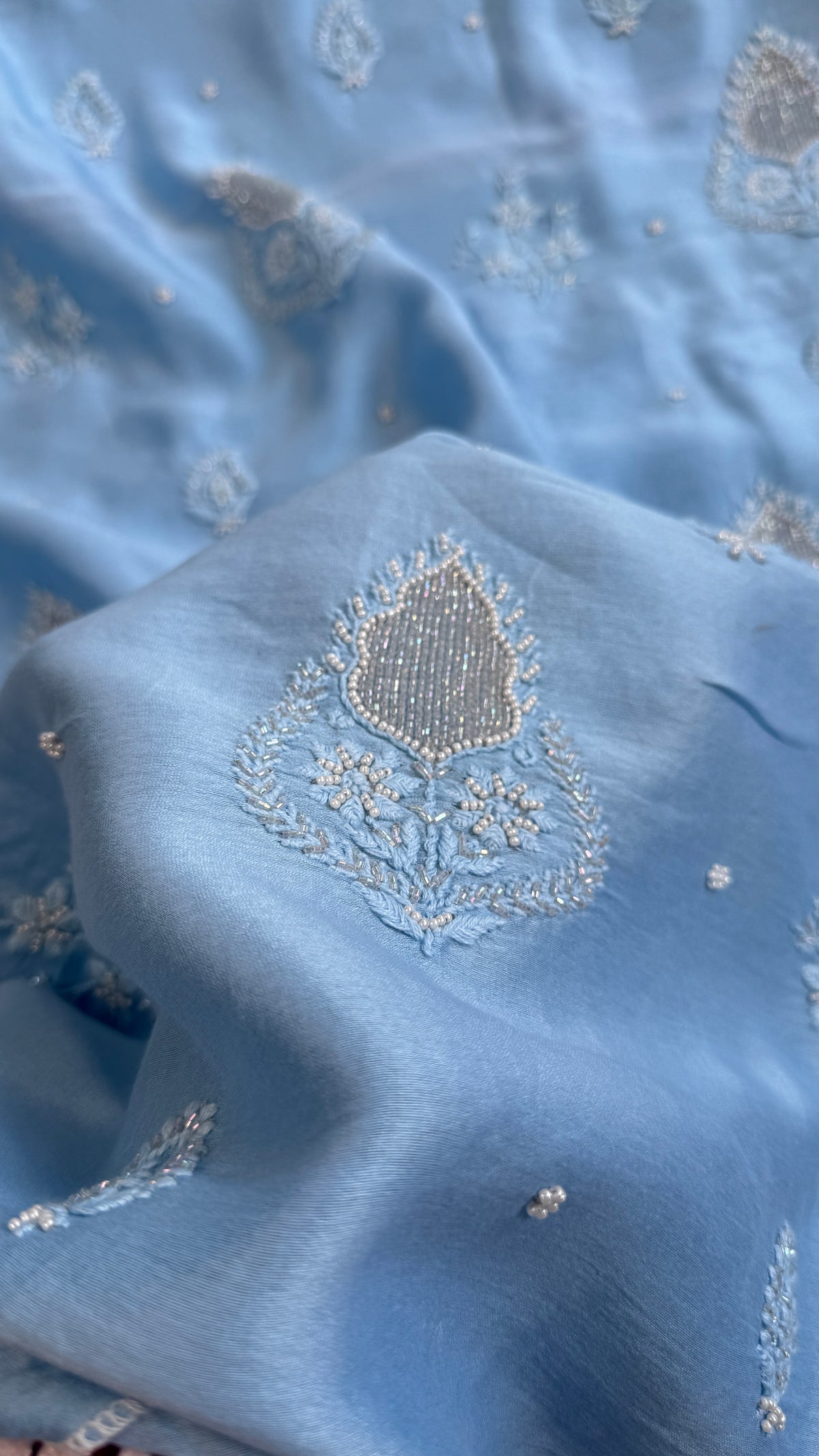 Chanderi Chikankari Length with Dupatta - Blue
