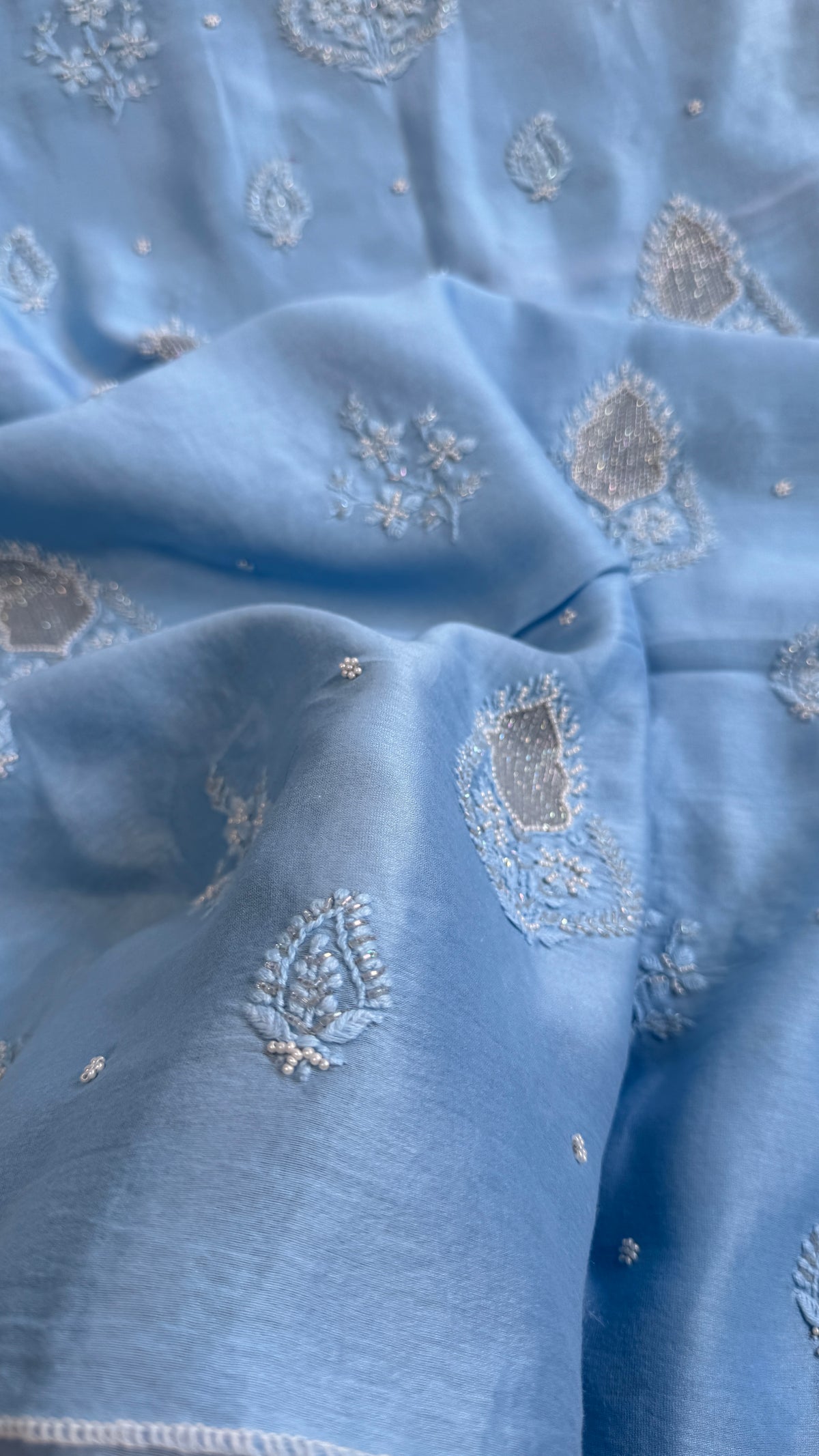 Chanderi Chikankari Length with Dupatta - Blue