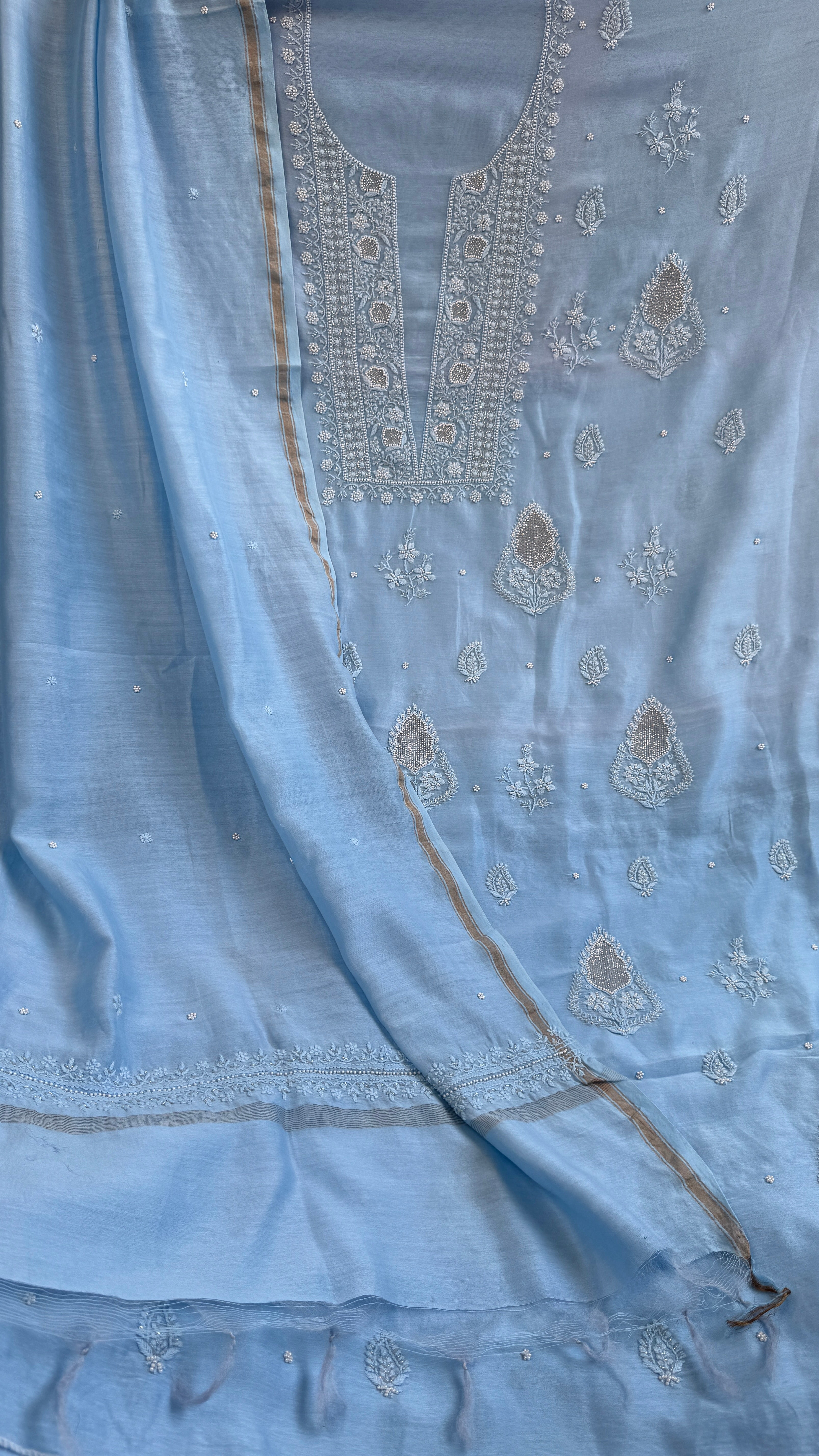 Chanderi Chikankari Length with Dupatta - Blue