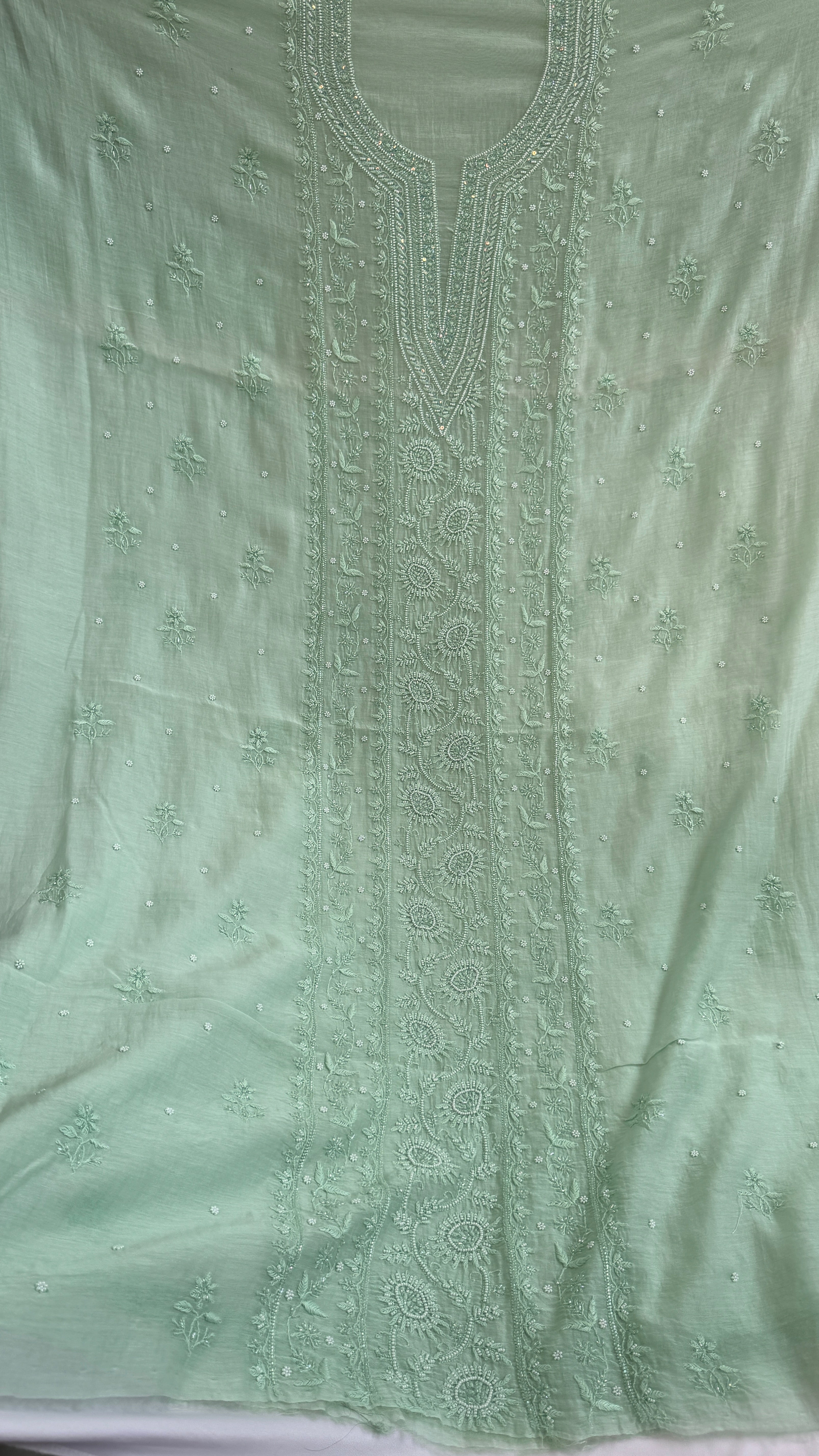 Mul Chanderi Chikankari Anarkali - Green