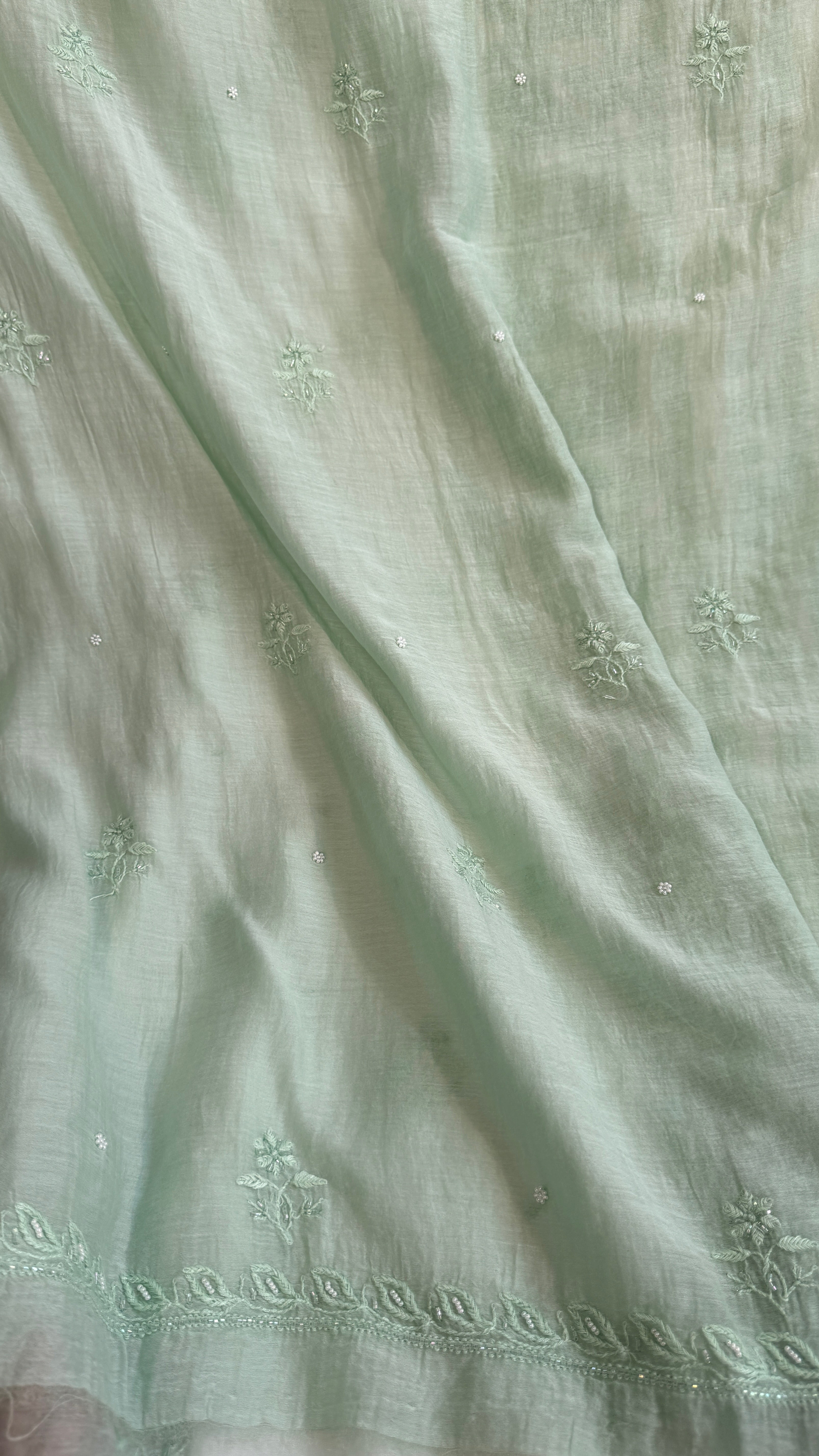 Mul Chanderi Chikankari Anarkali - Green