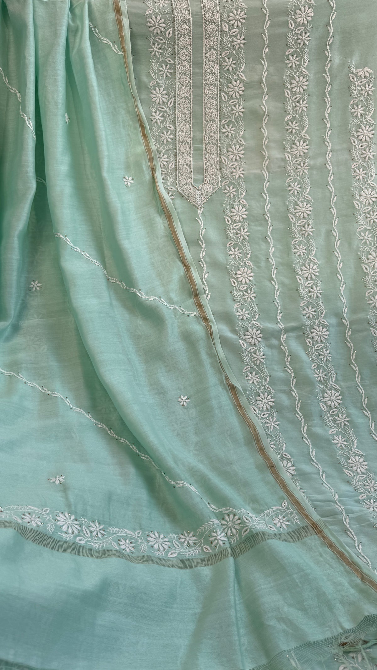 Chanderi Chikankari Length Mukaish with Dupatta - Green
