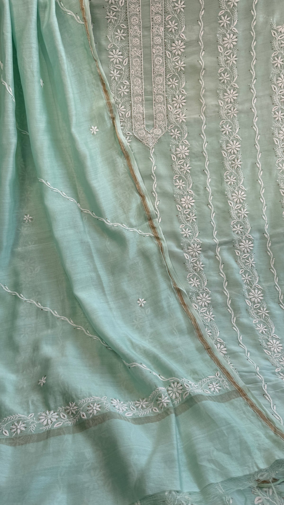 Chanderi Chikankari Length Mukaish with Dupatta - Green