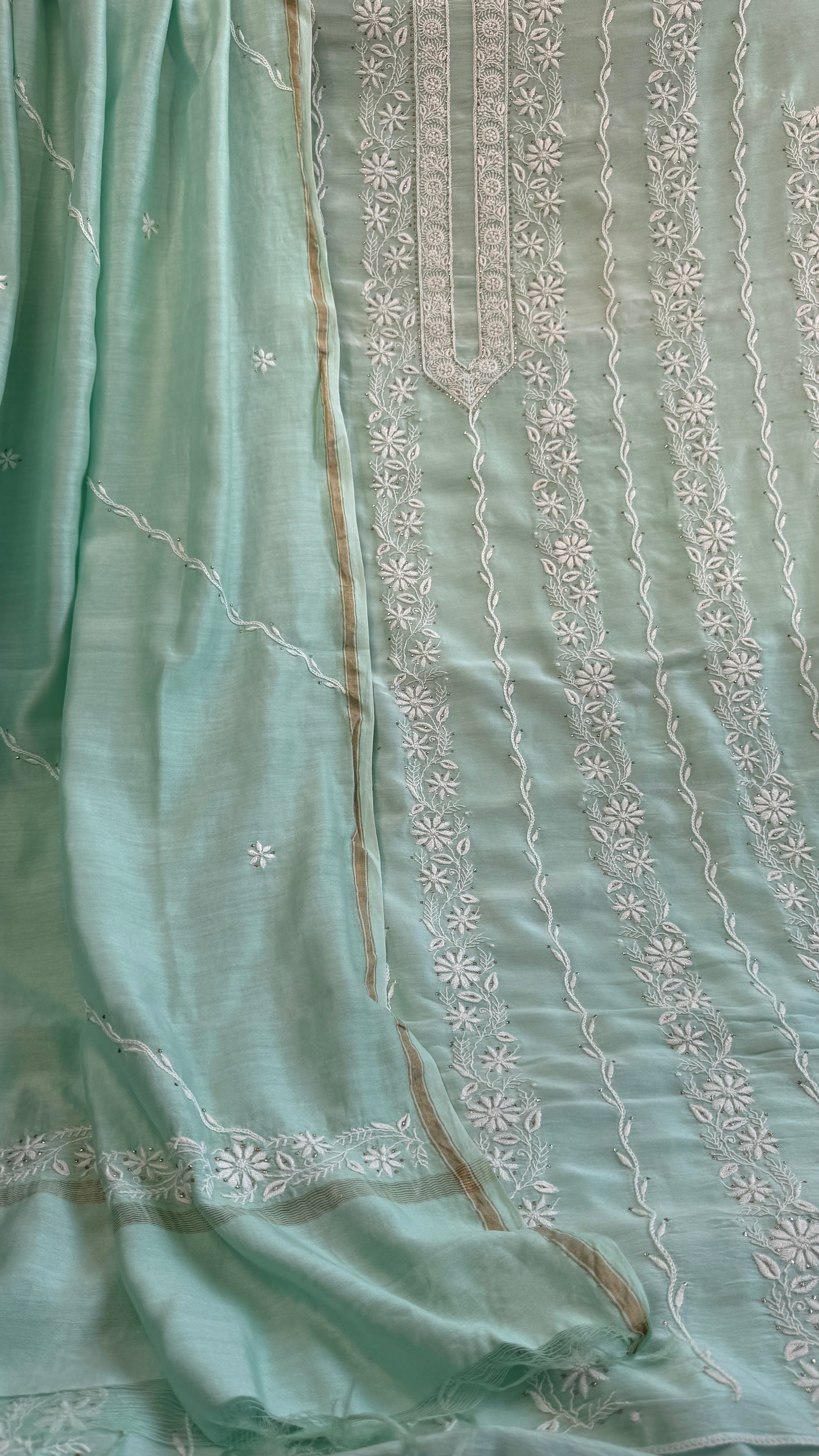 Chanderi Chikankari Length Mukaish with Dupatta - Green