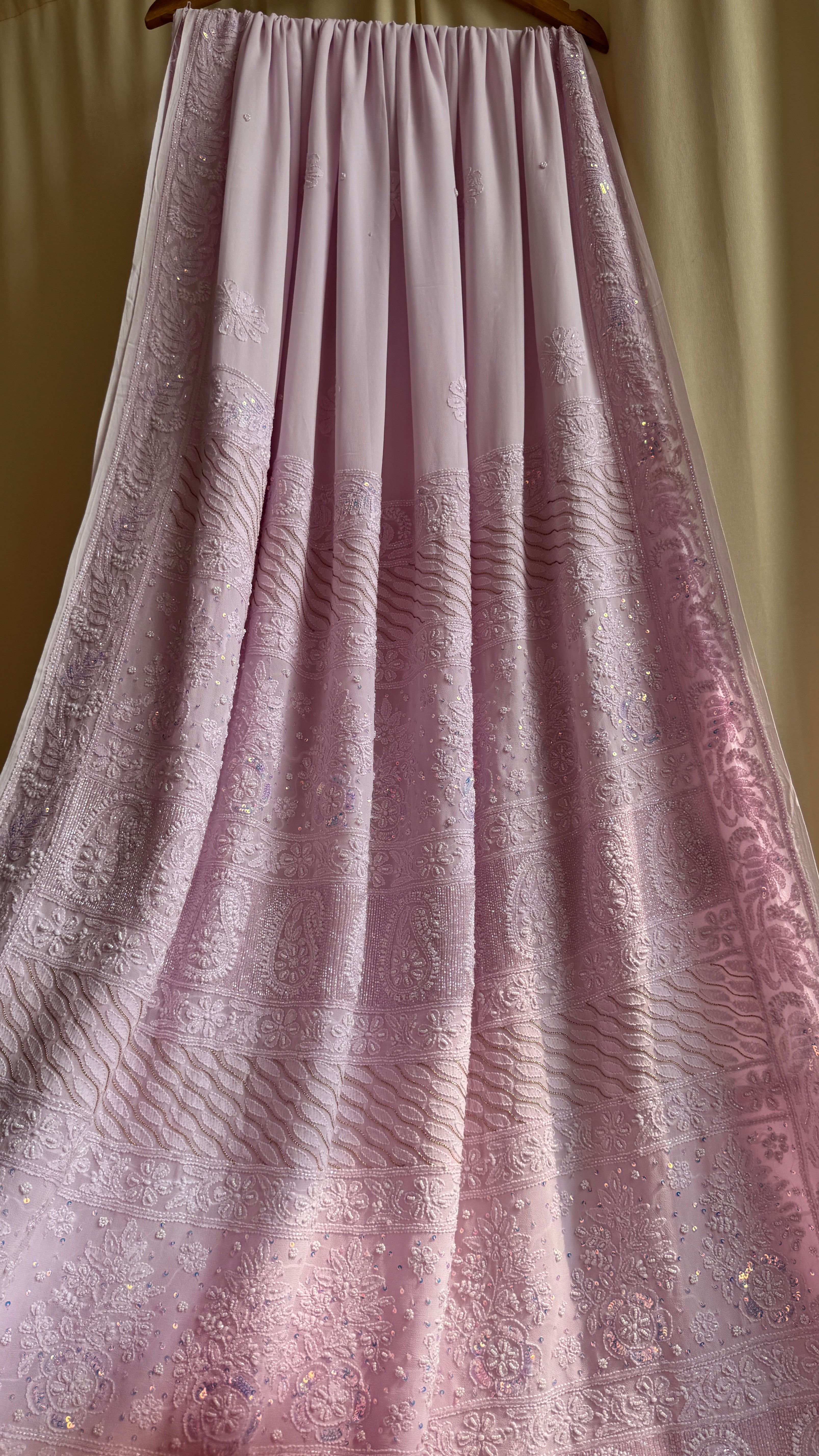 Viscose Lilac Pink Chikankari saree with Pearl embellishments