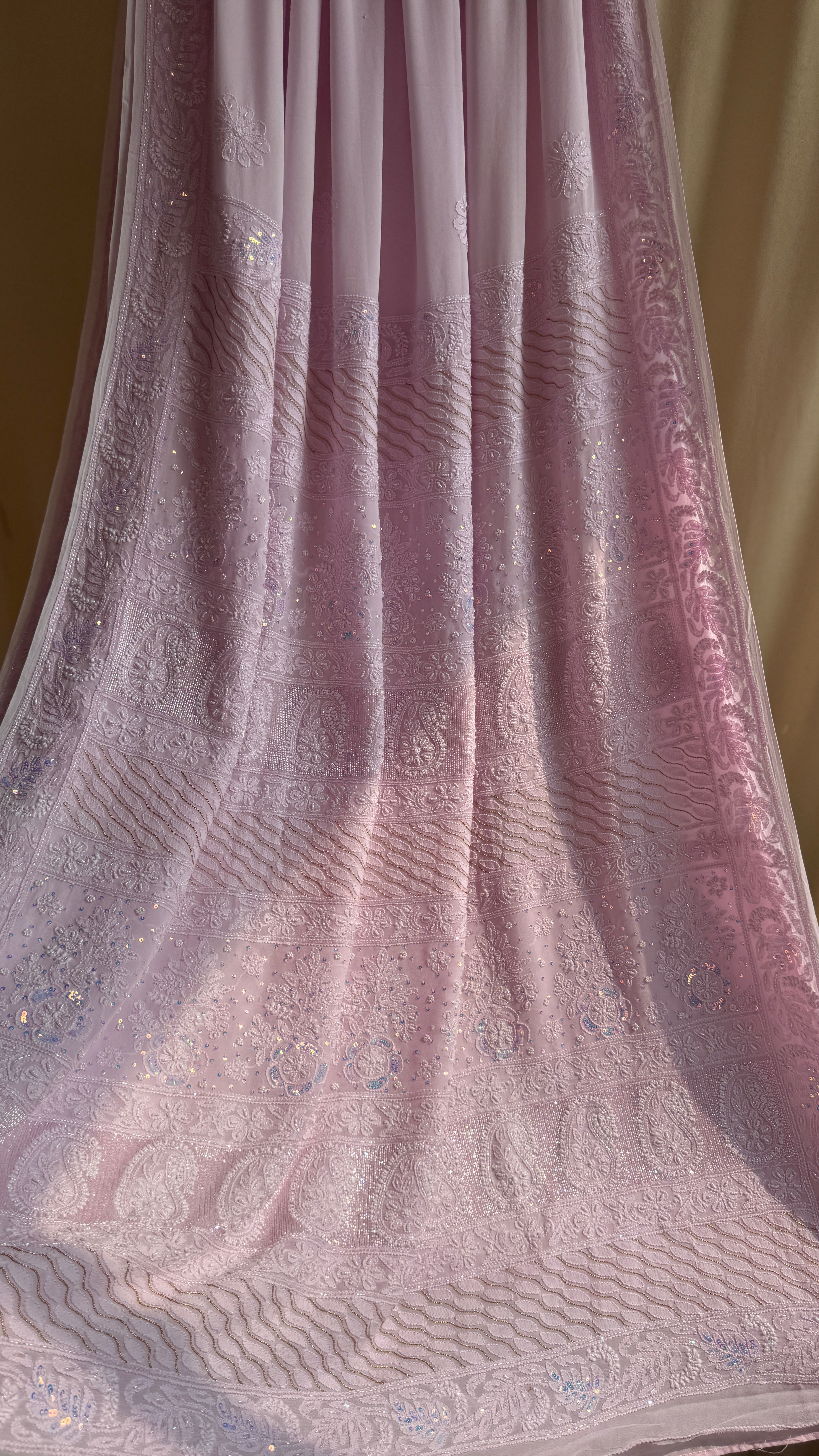 Viscose Lilac Pink Chikankari saree with Pearl embellishments