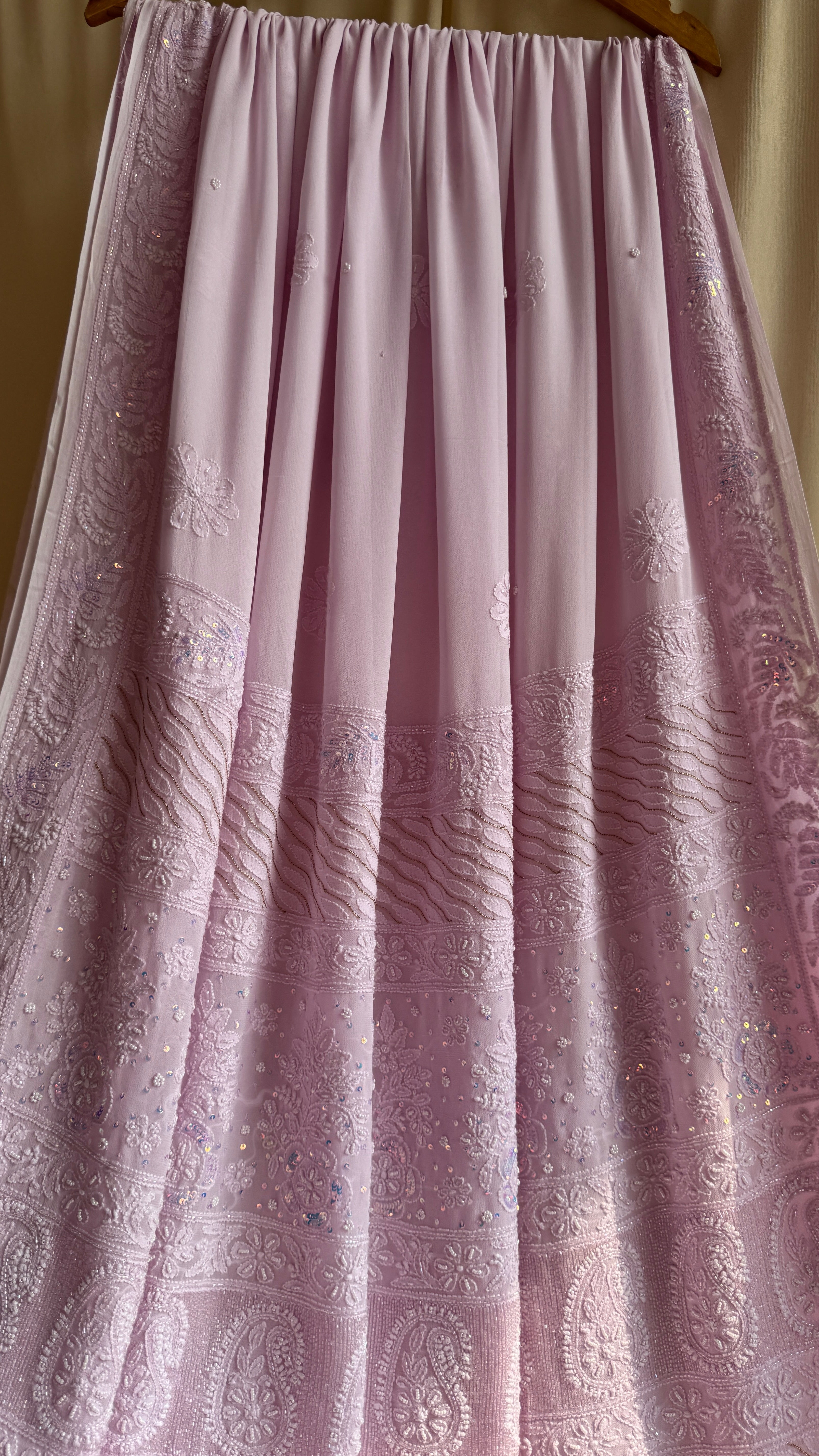 Viscose Lilac Pink Chikankari saree with Pearl embellishments
