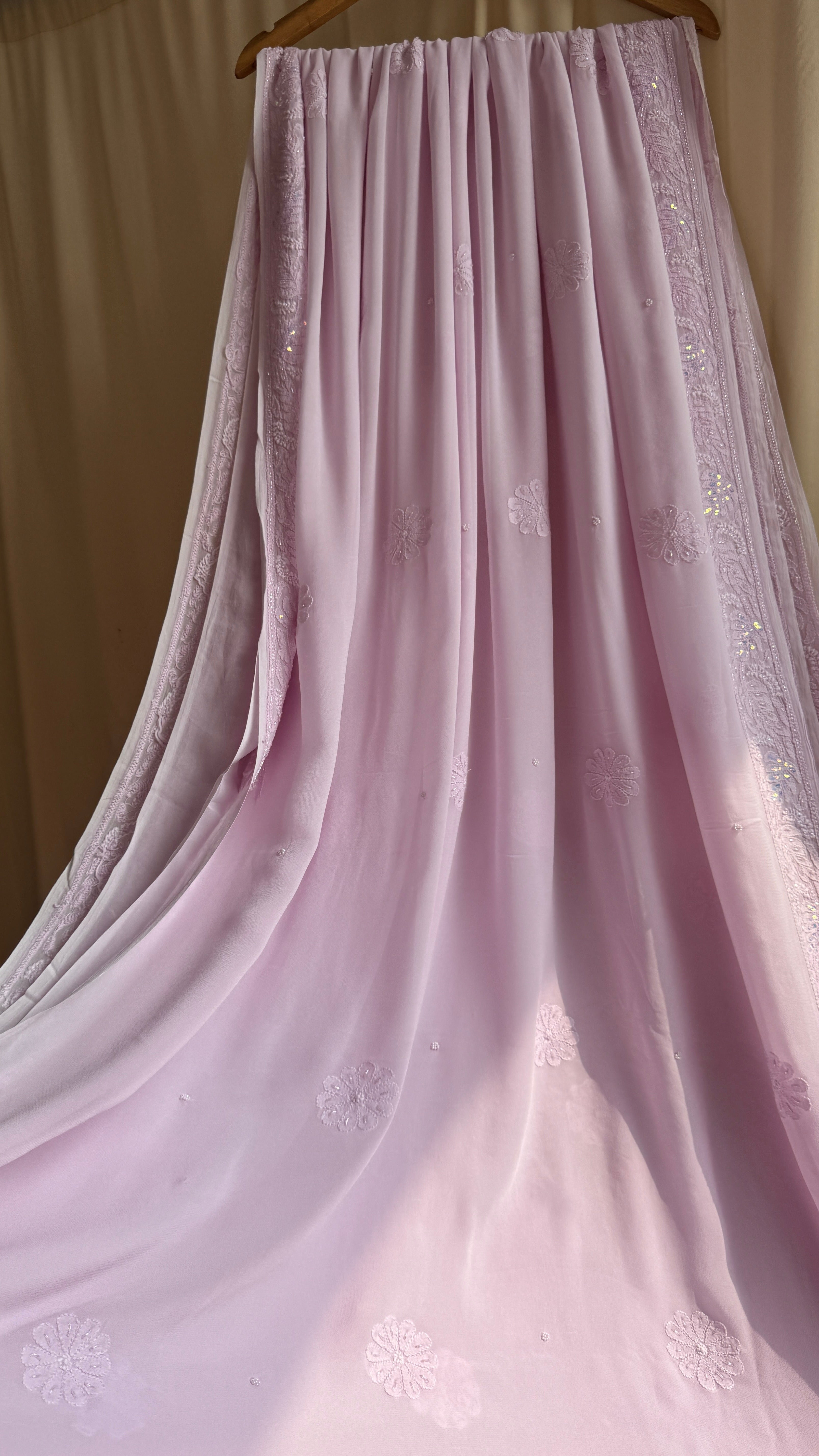 Viscose Lilac Pink Chikankari saree with Pearl embellishments