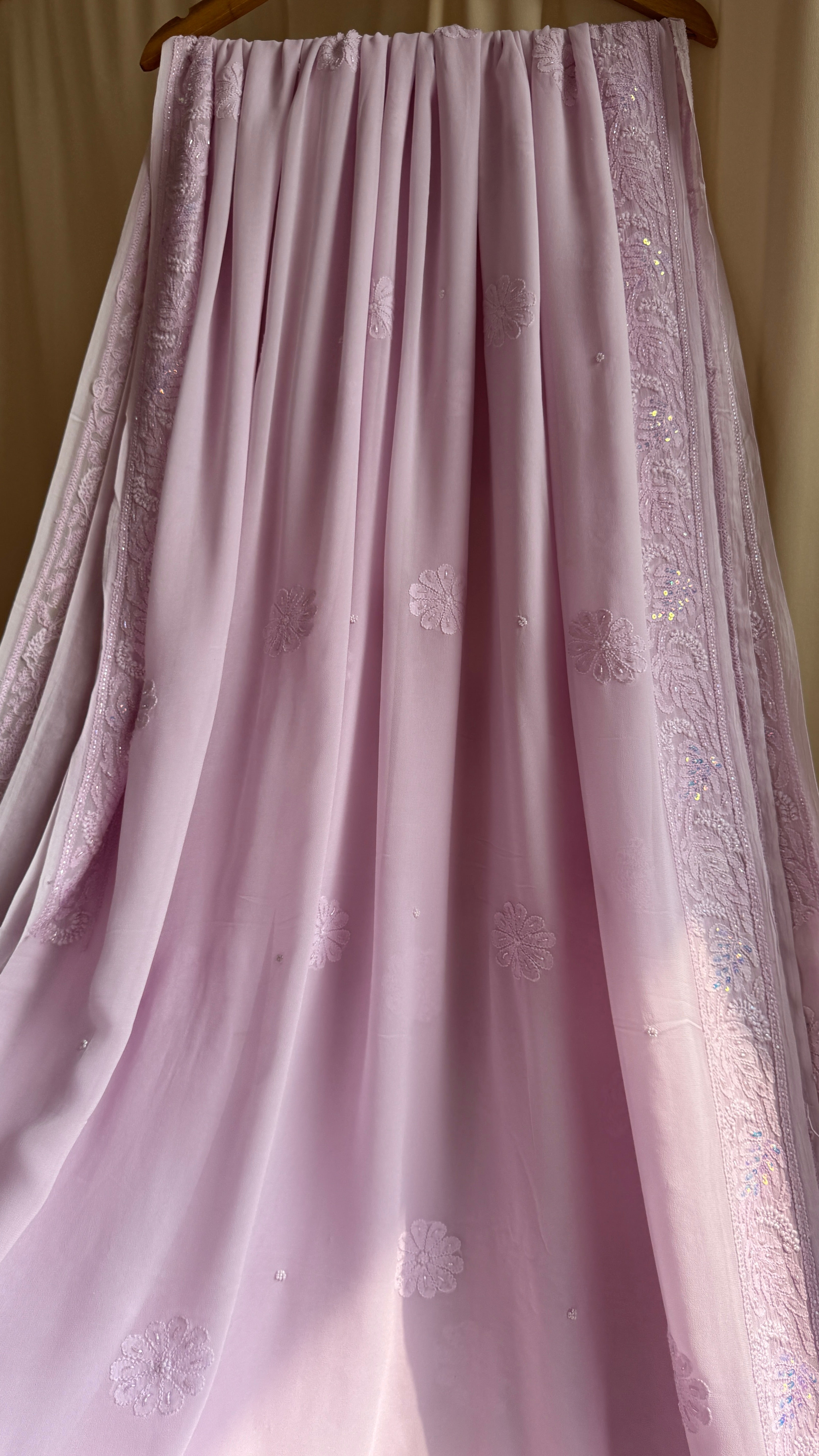 Viscose Lilac Pink Chikankari saree with Pearl embellishments