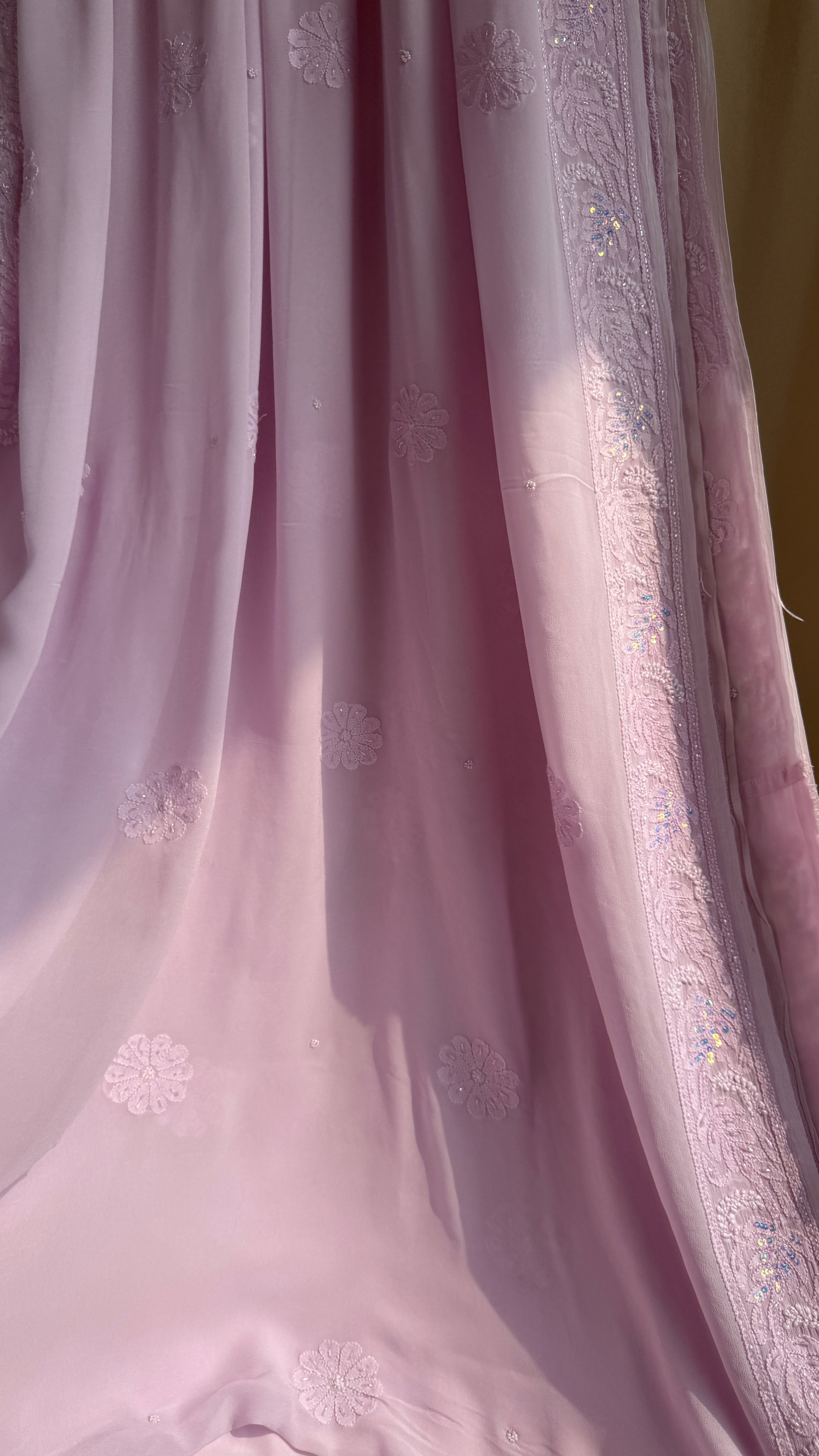 Viscose Lilac Pink Chikankari saree with Pearl embellishments