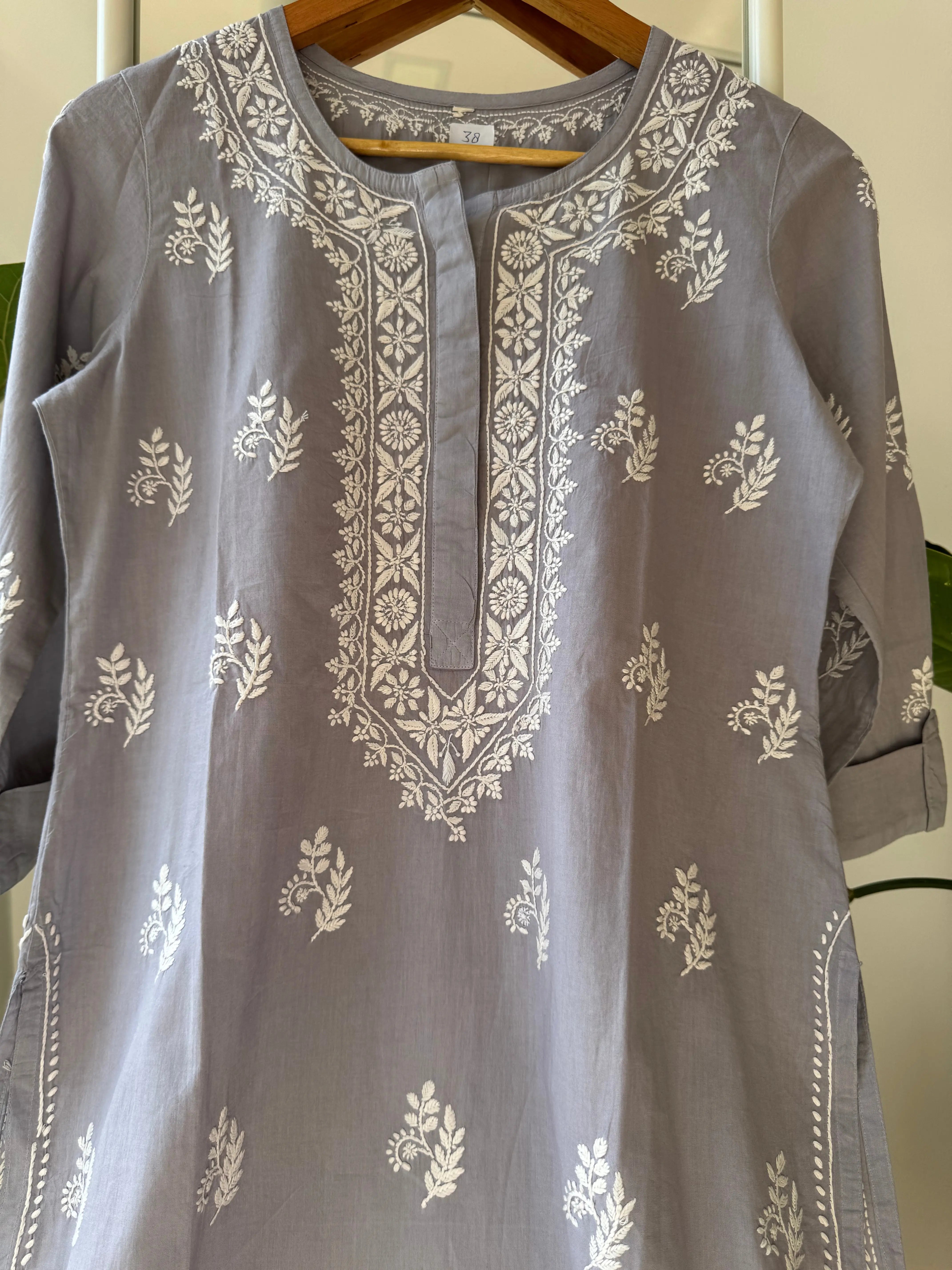 Mul Cotton Chikankari Kurti - Grey ARIAA CHIKANKARI 