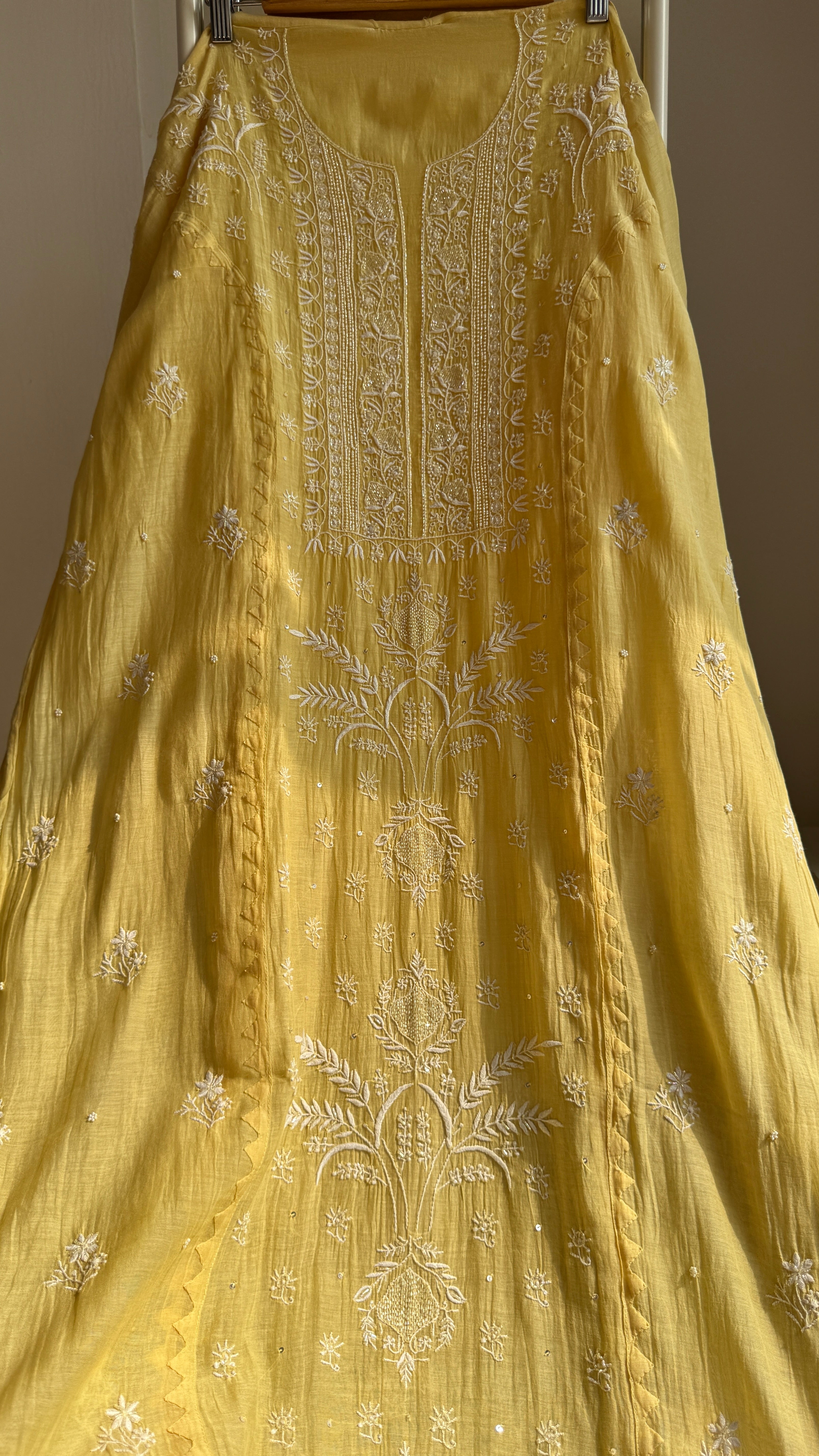 Mul Chanderi Chikankari Anarkali - Yellow