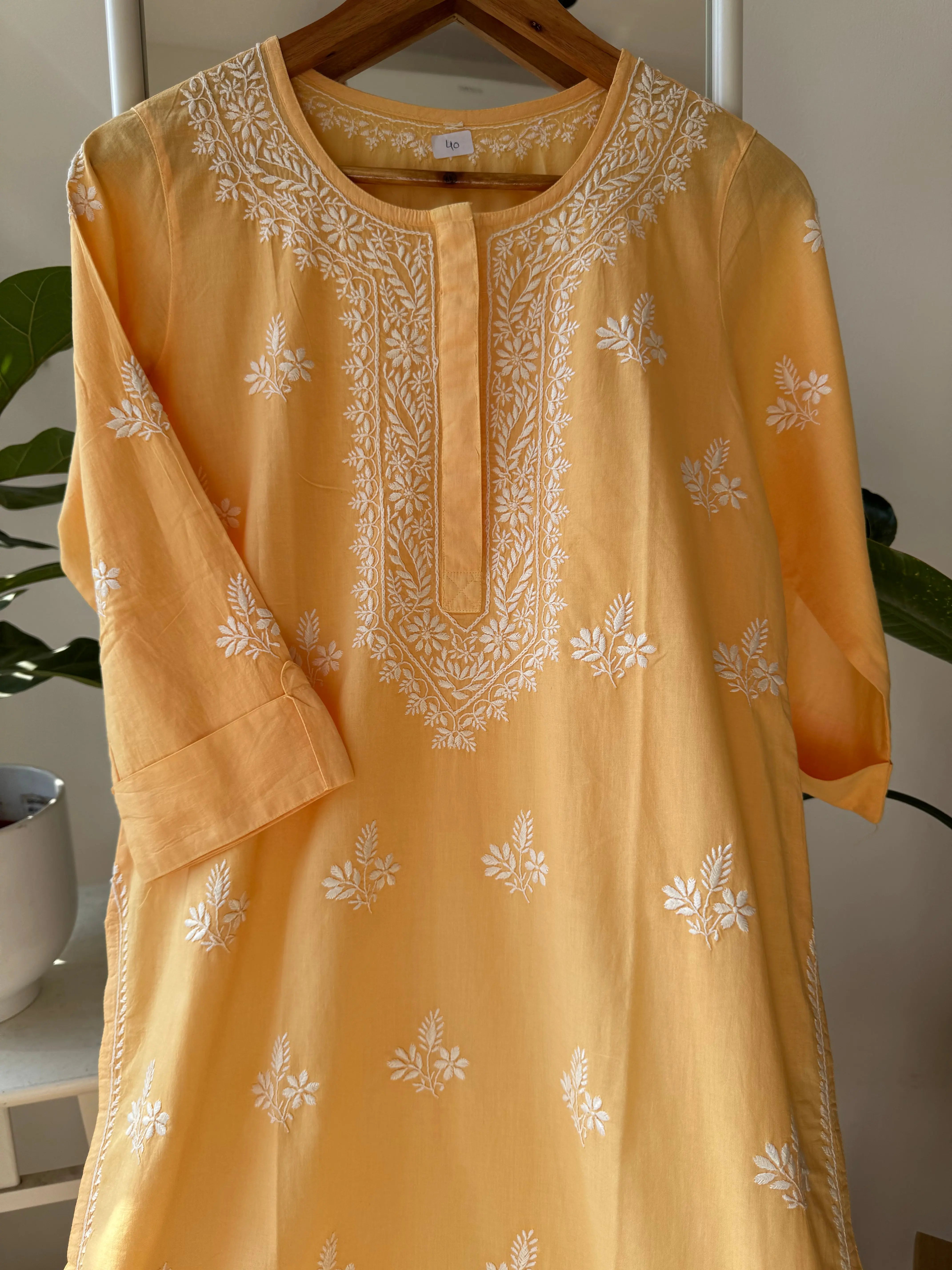 Mul Cotton Chikankari Kurti - Yellow ARIAA CHIKANKARI 