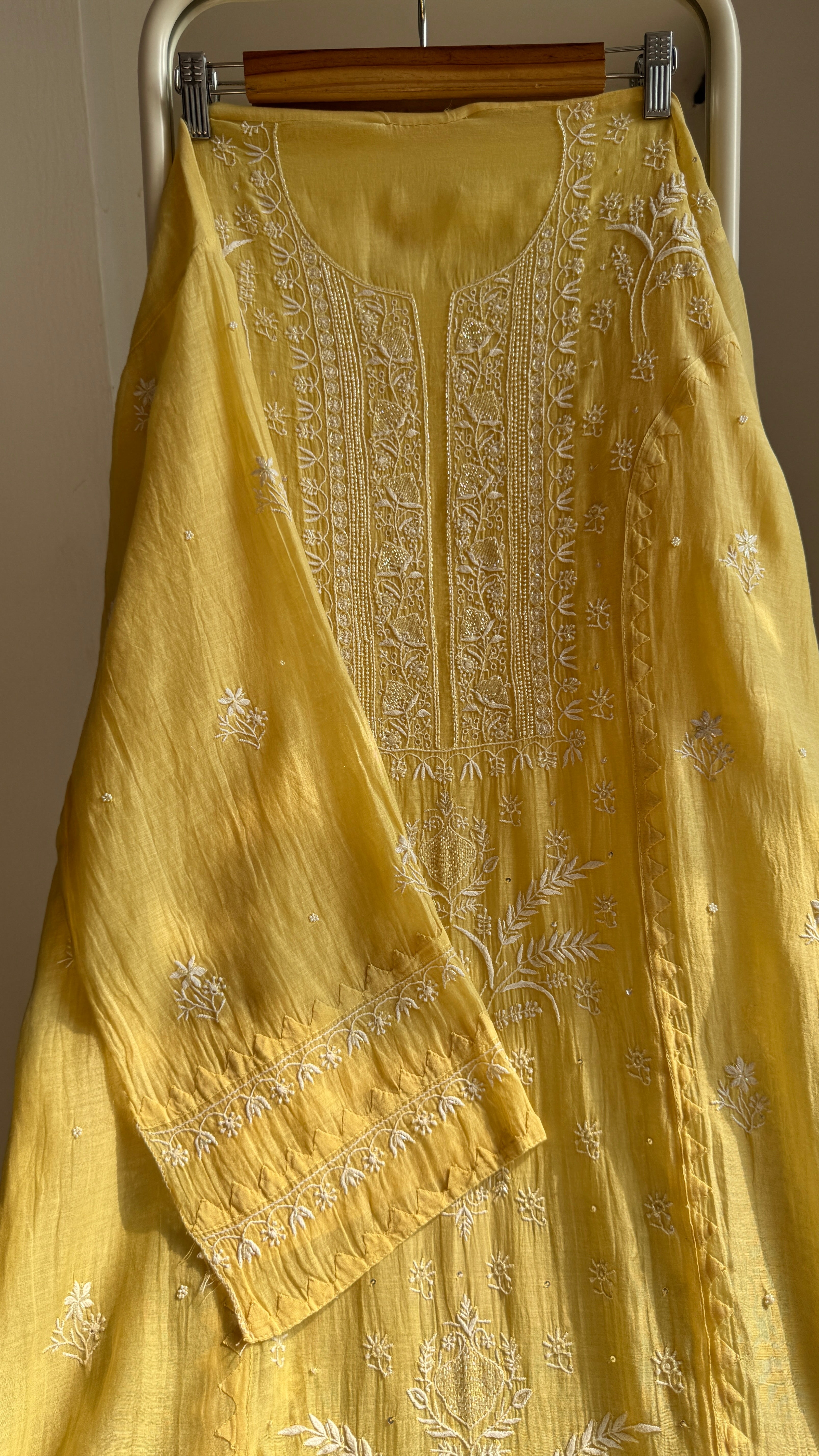 Mul Chanderi Chikankari Anarkali - Yellow