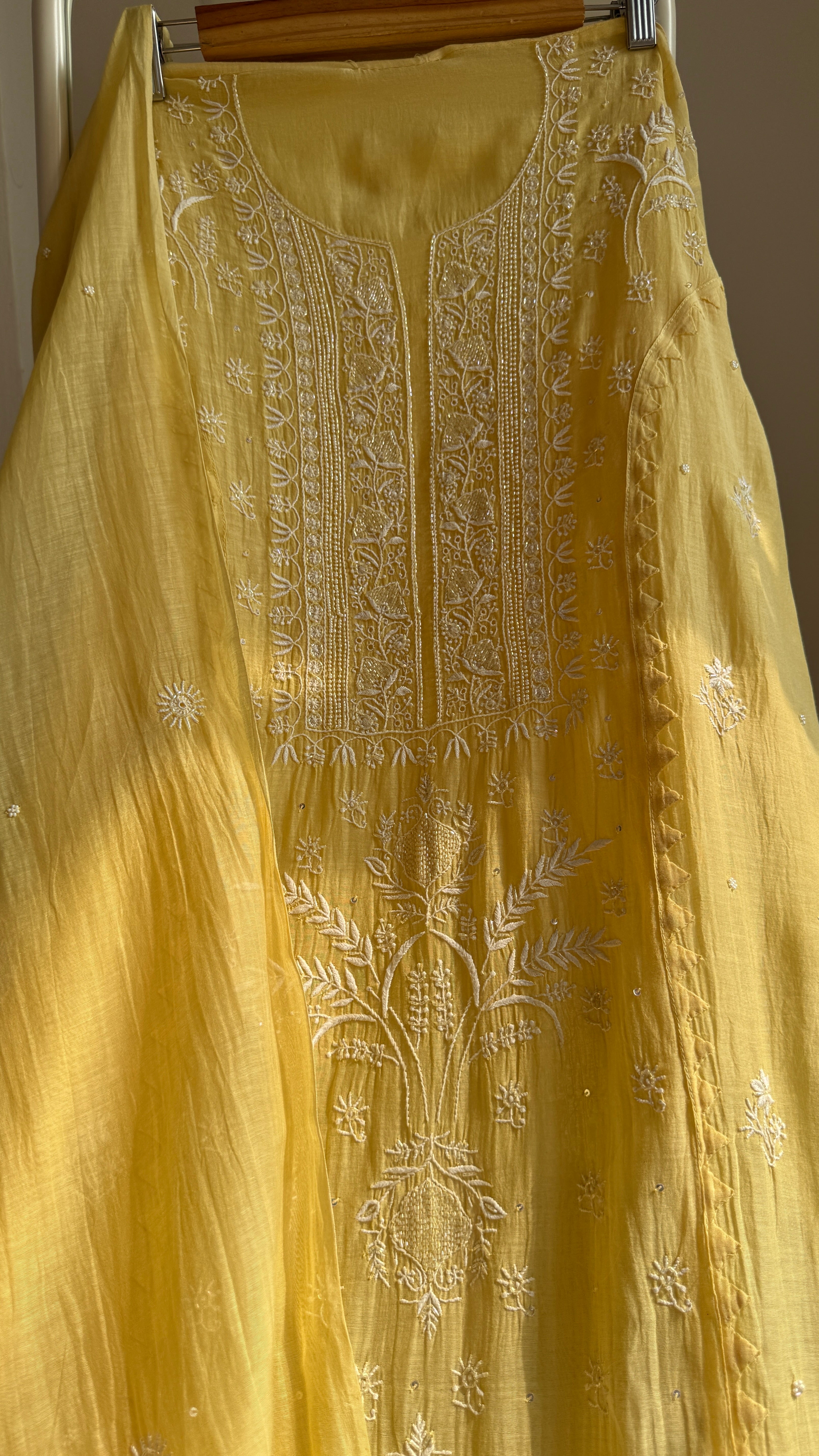 Mul Chanderi Chikankari Anarkali - Yellow