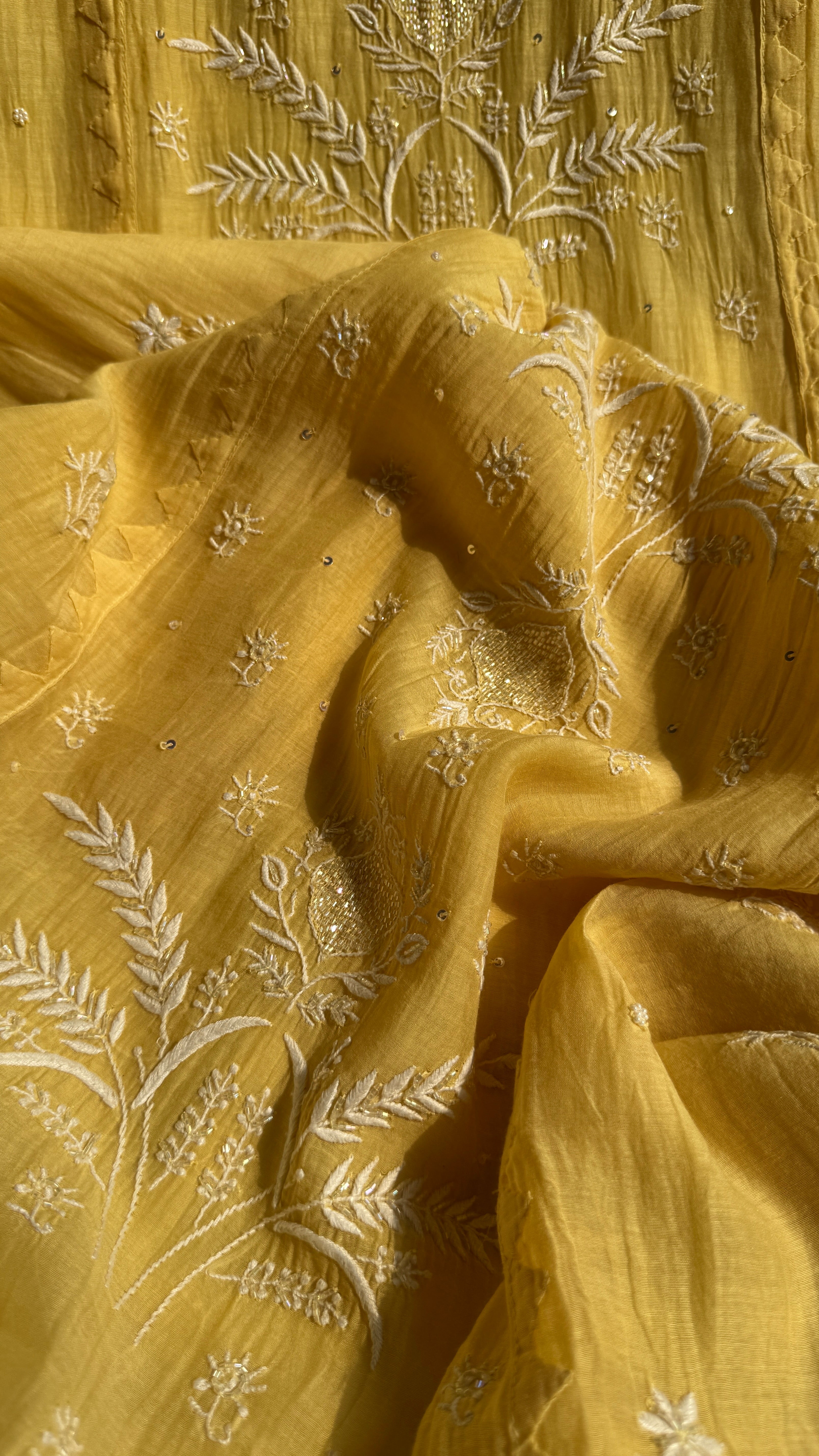 Mul Chanderi Chikankari Anarkali - Yellow
