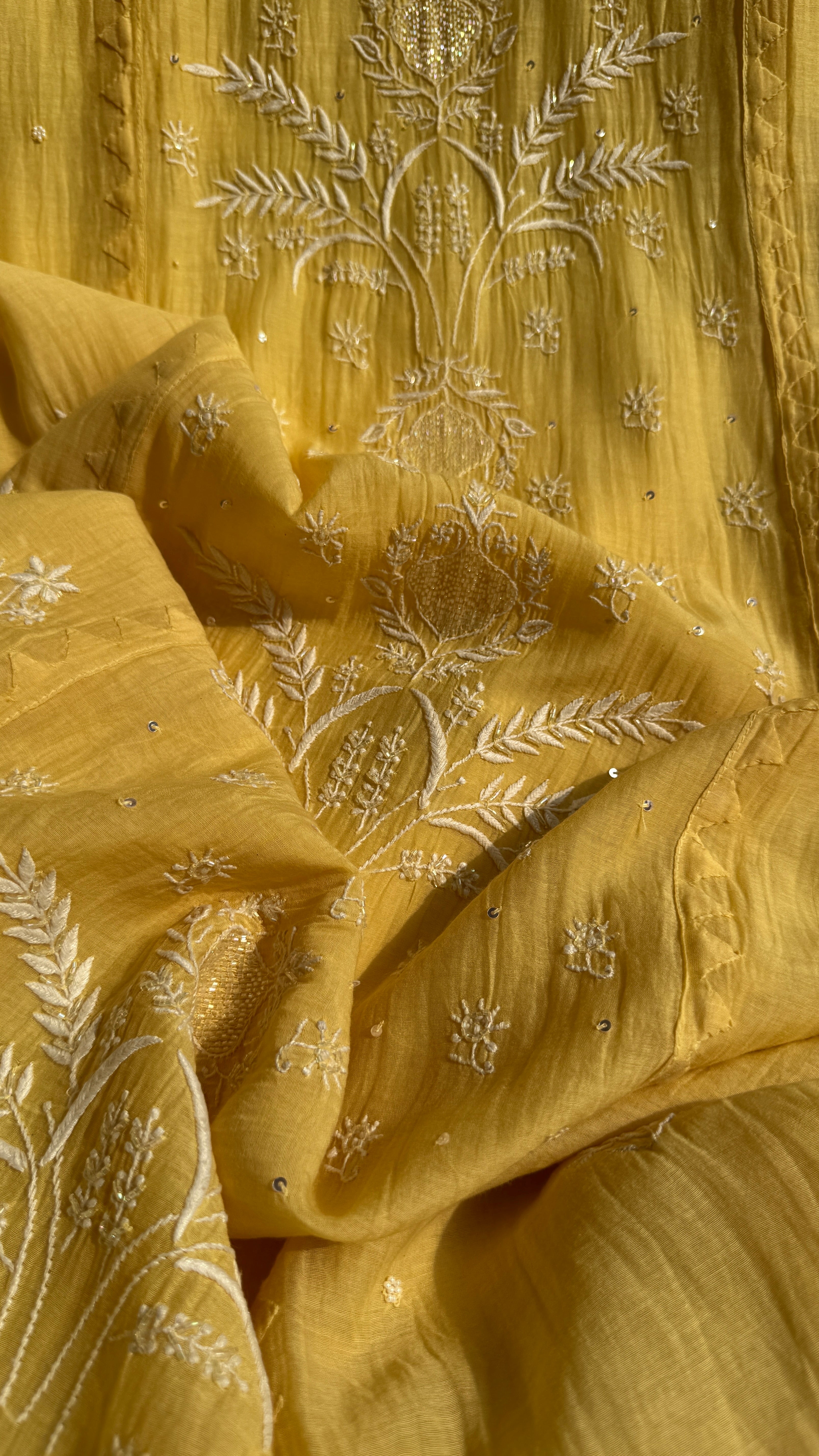 Mul Chanderi Chikankari Anarkali - Yellow