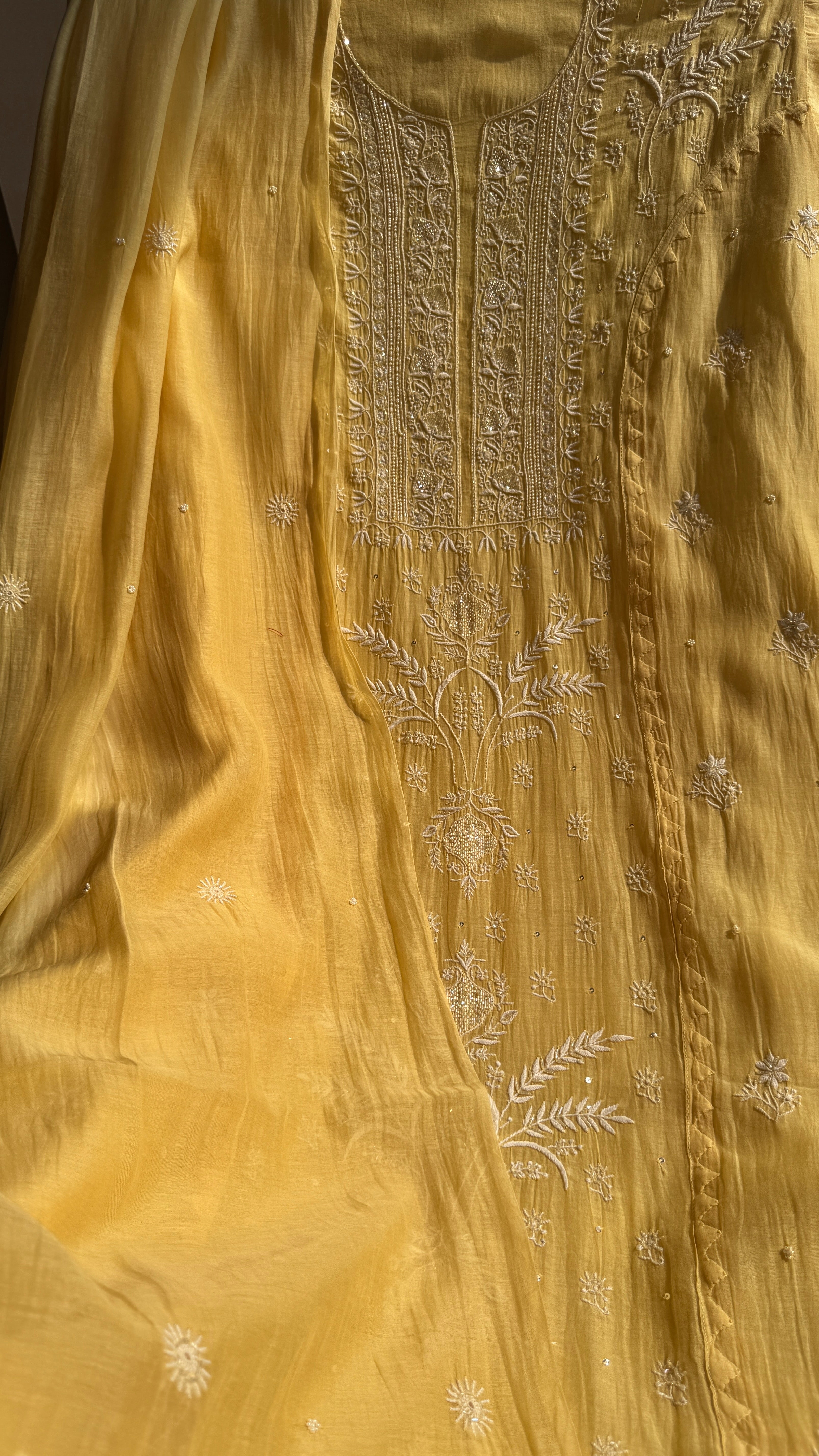 Mul Chanderi Chikankari Anarkali - Yellow