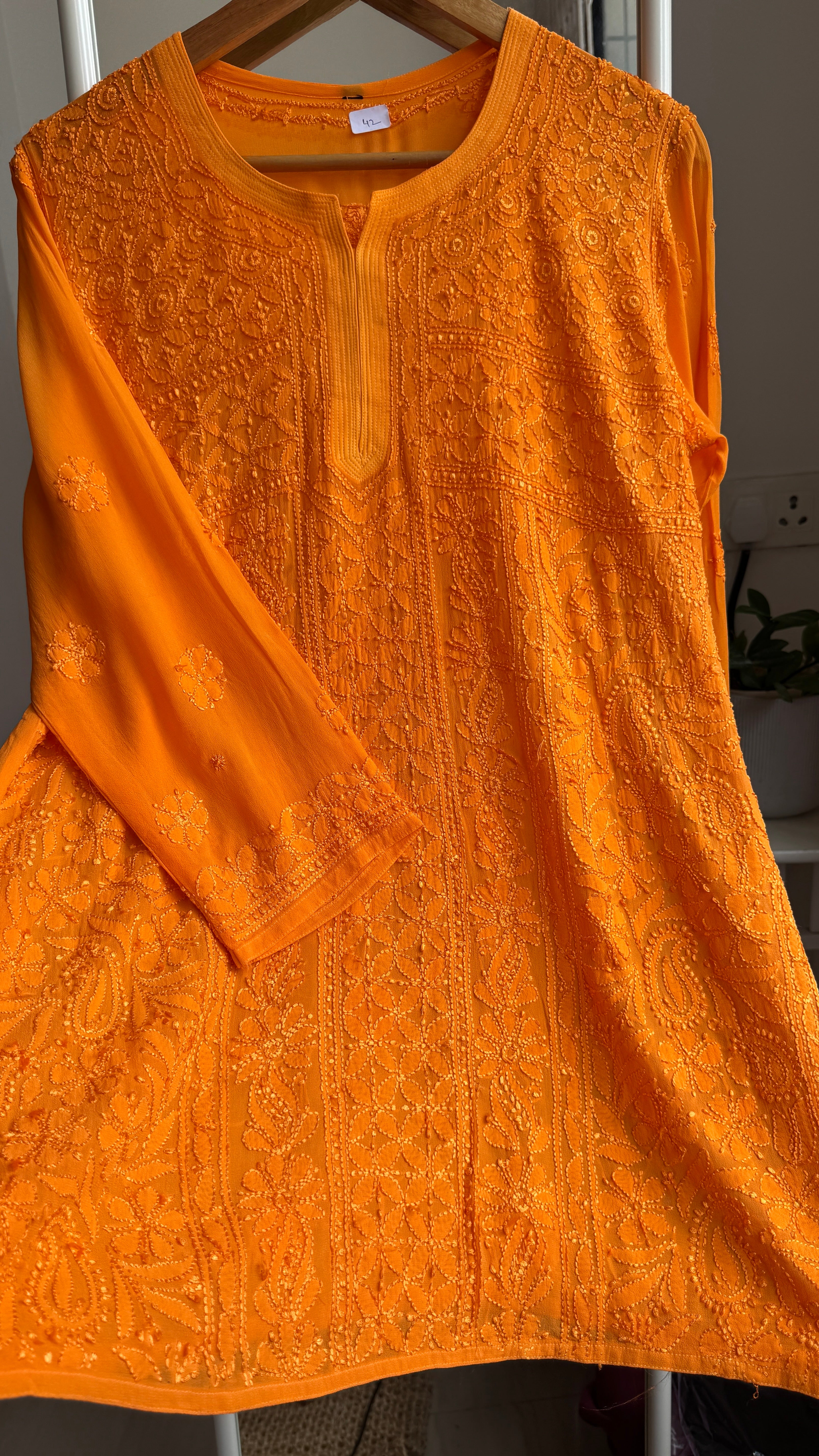 Chikankari Viscose Georgette short Top in Orange
