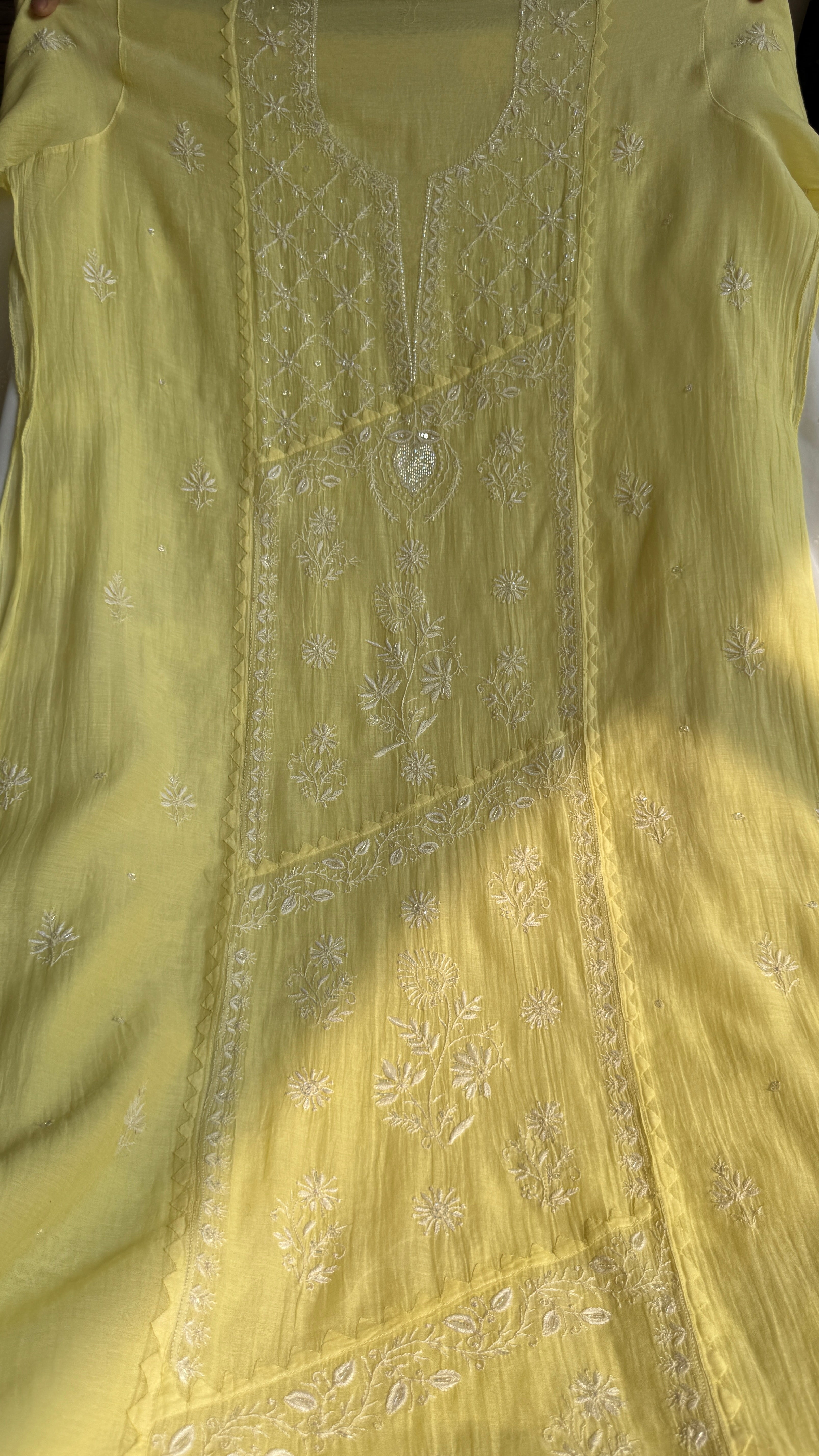 Mul Chanderi Chikankari Anarkali - Yellow