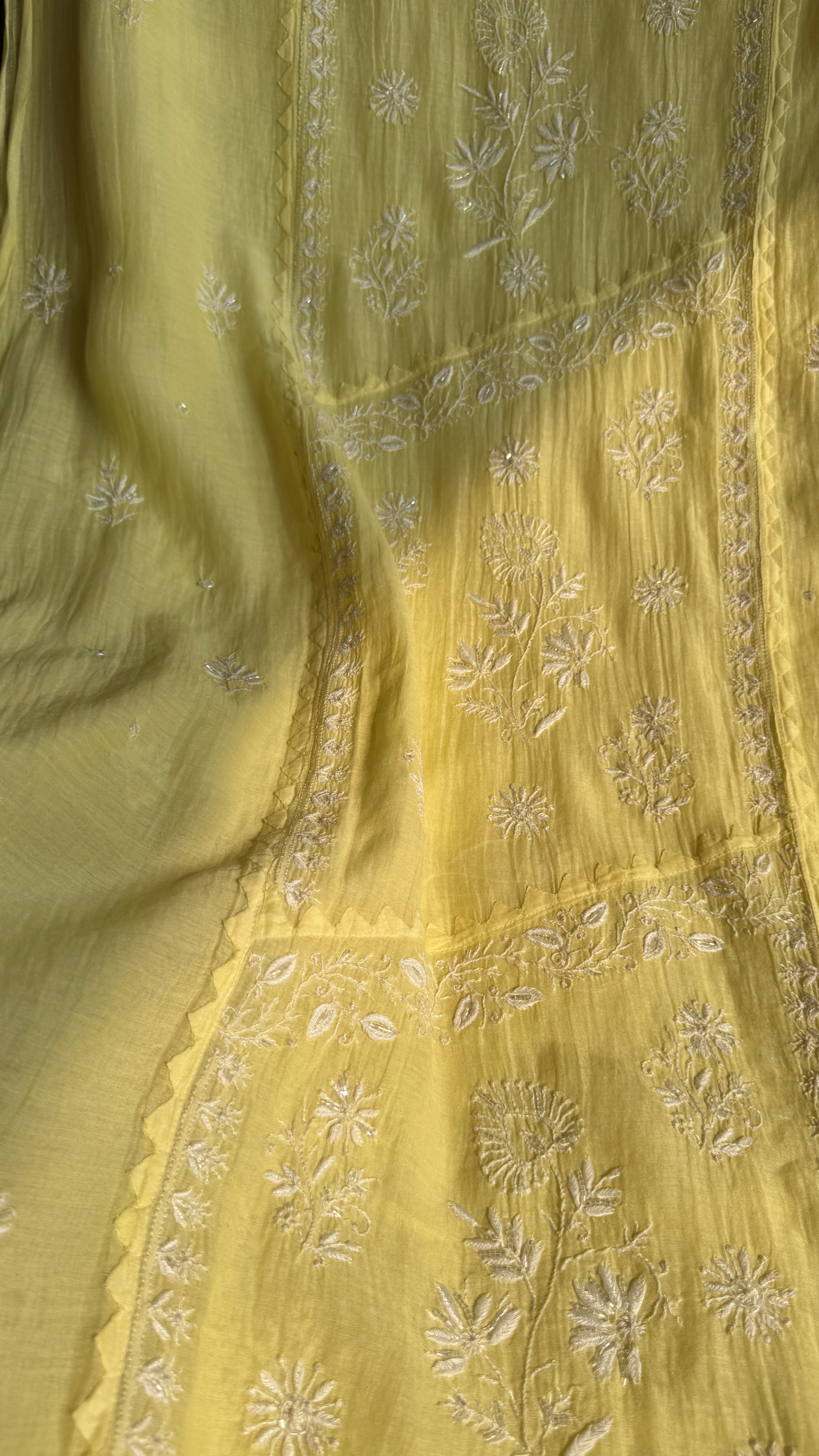 Mul Chanderi Chikankari Anarkali - Yellow