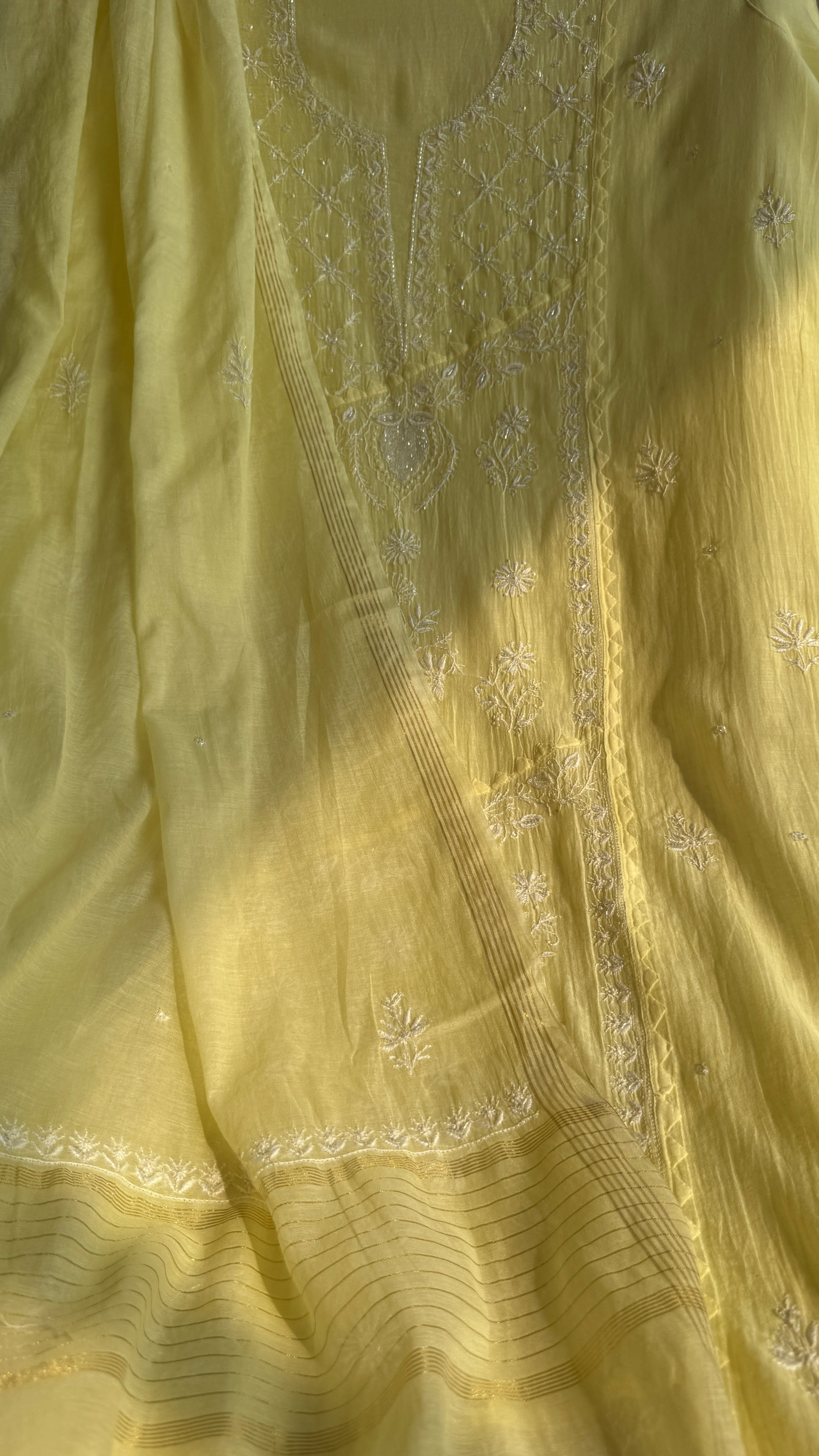 Mul Chanderi Chikankari Anarkali - Yellow