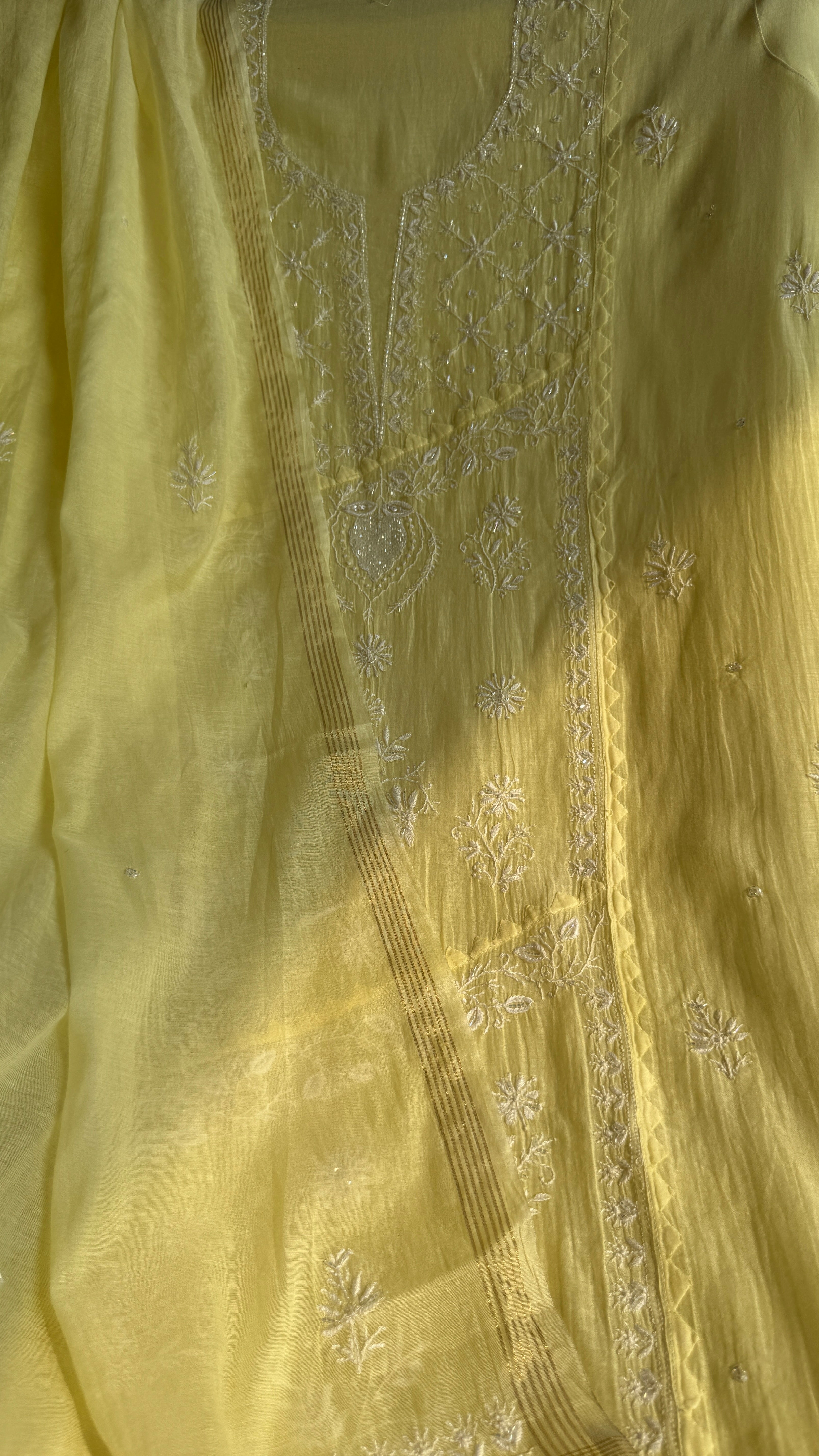 Mul Chanderi Chikankari Anarkali - Yellow