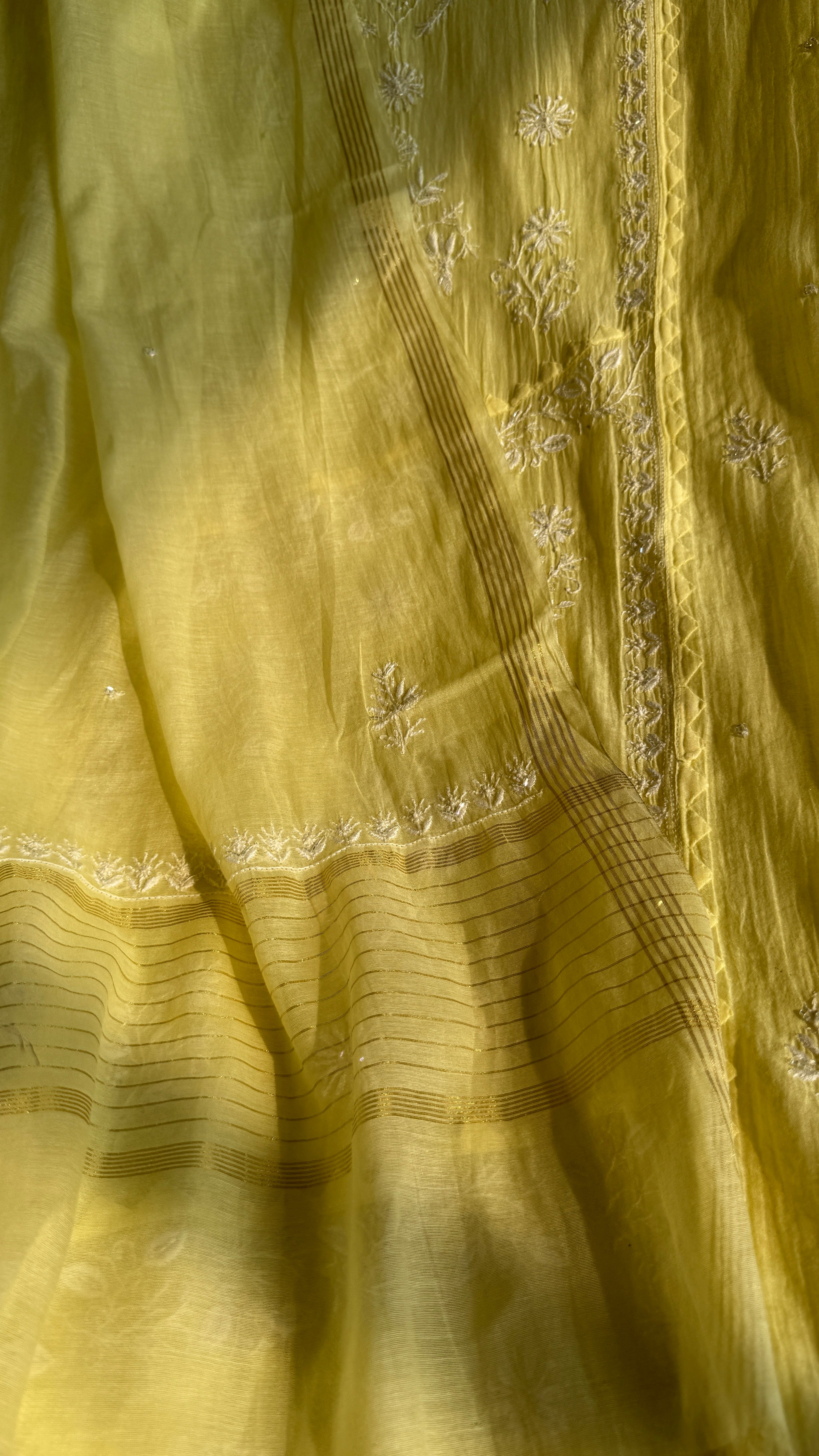 Mul Chanderi Chikankari Anarkali - Yellow