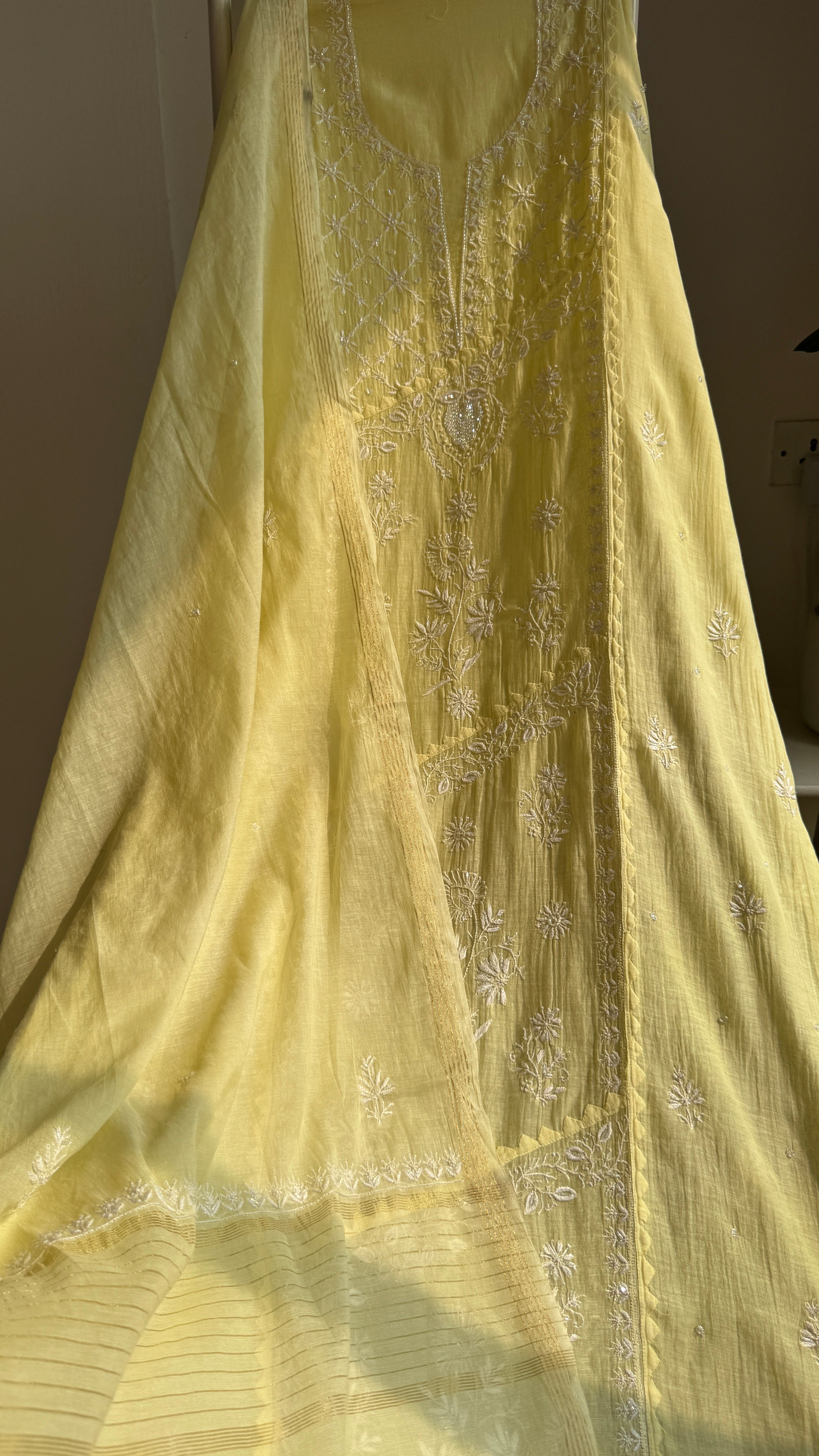 Mul Chanderi Chikankari Anarkali - Yellow