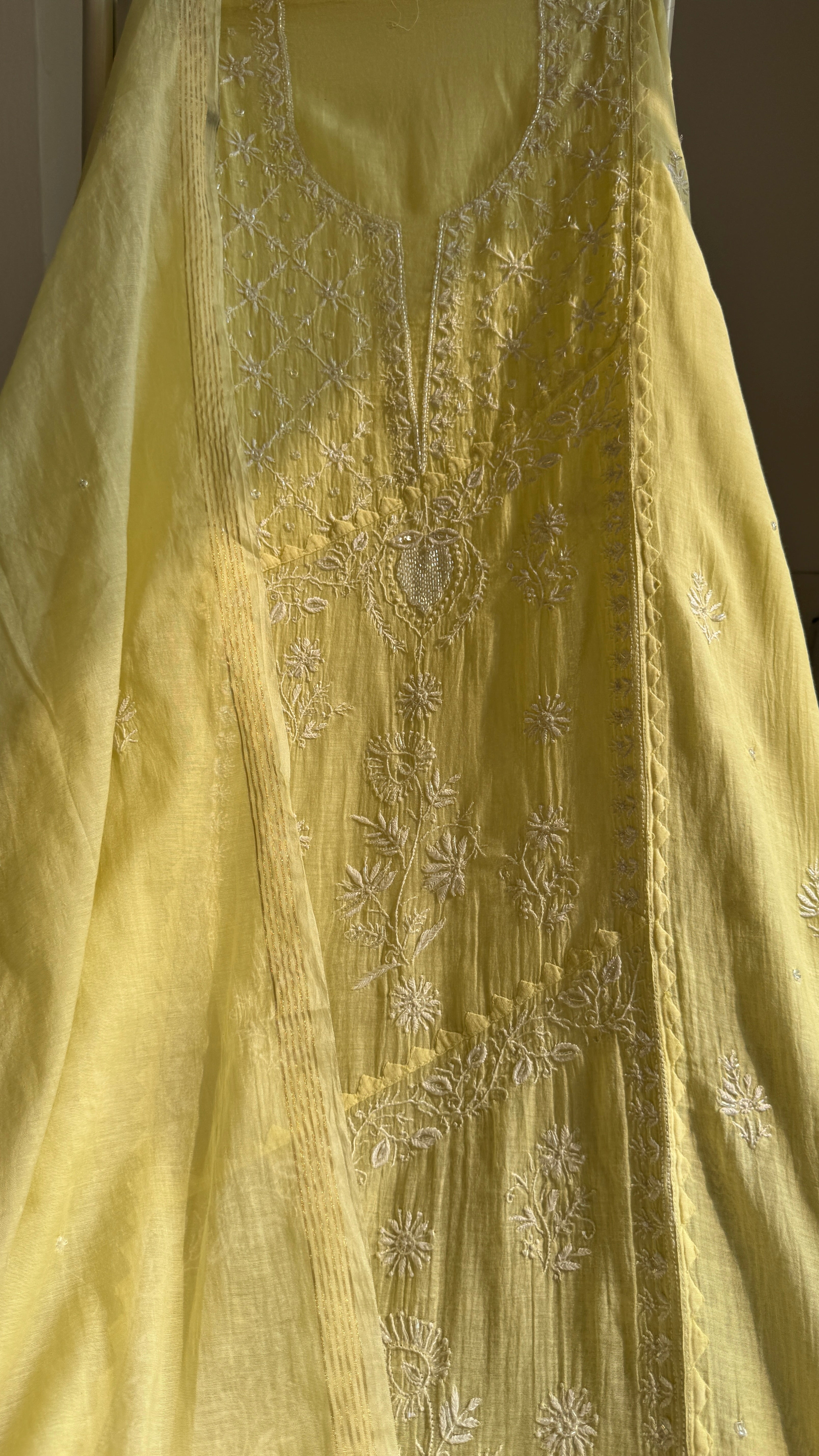 Mul Chanderi Chikankari Anarkali - Yellow
