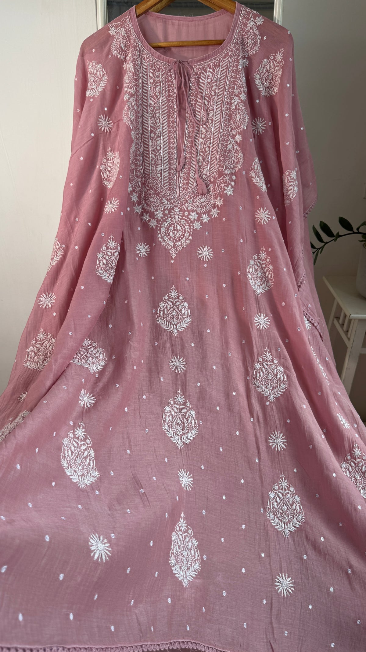 Mul Chanderi Chikankari Kaftan - Rosewood