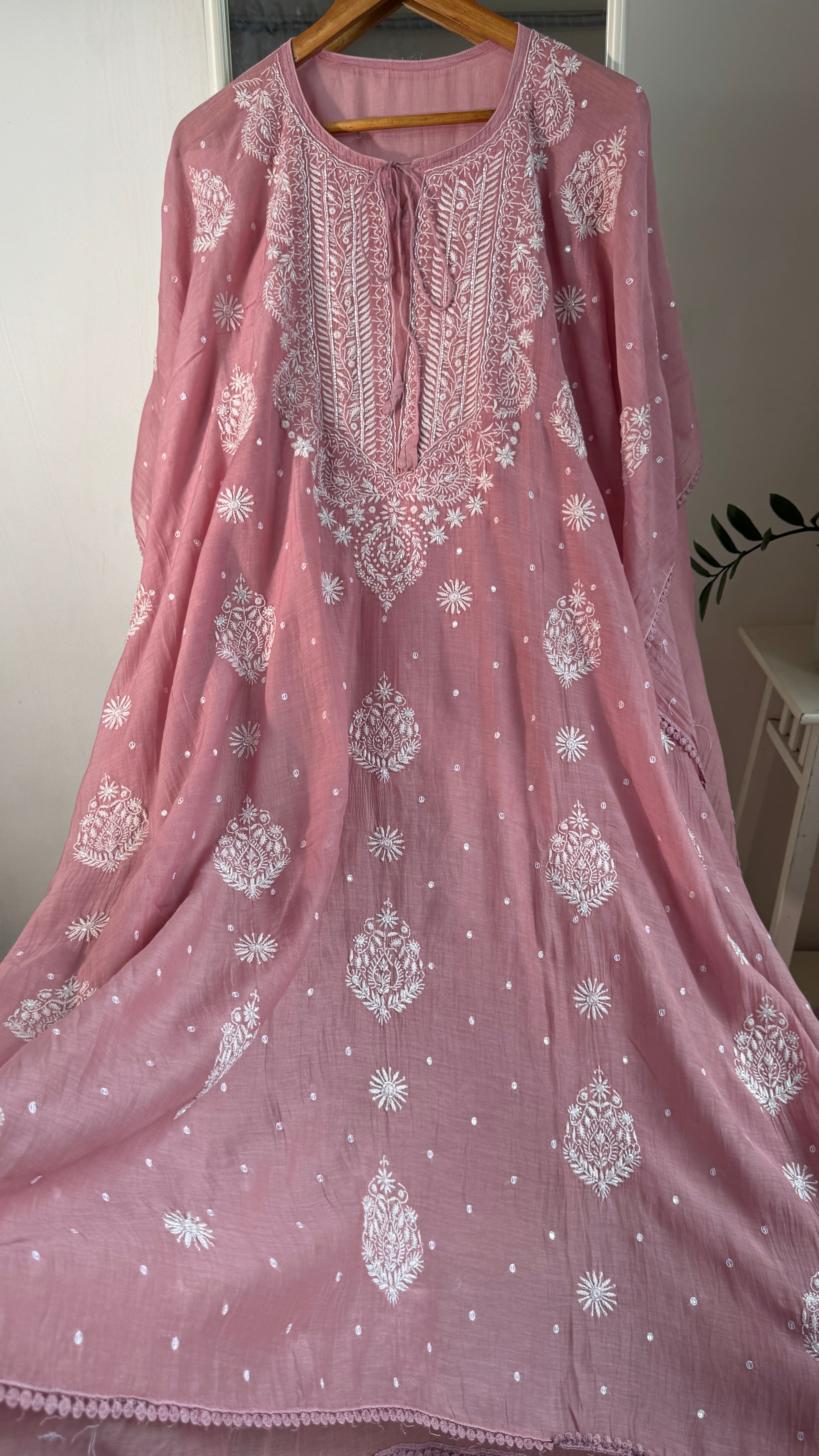 Mul Chanderi Chikankari Kaftan - Rosewood