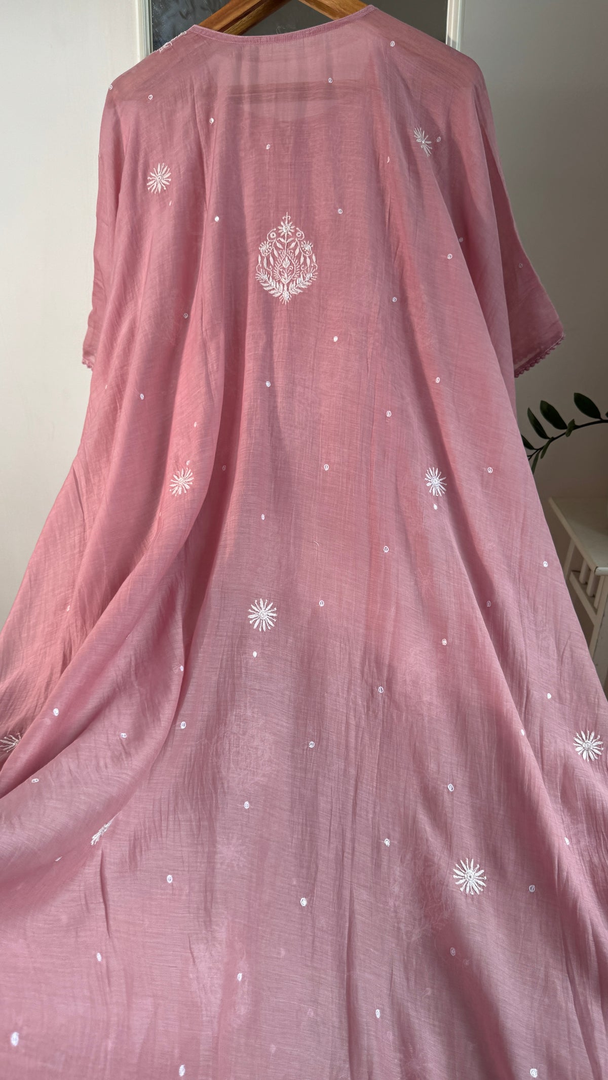 Mul Chanderi Chikankari Kaftan - Rosewood
