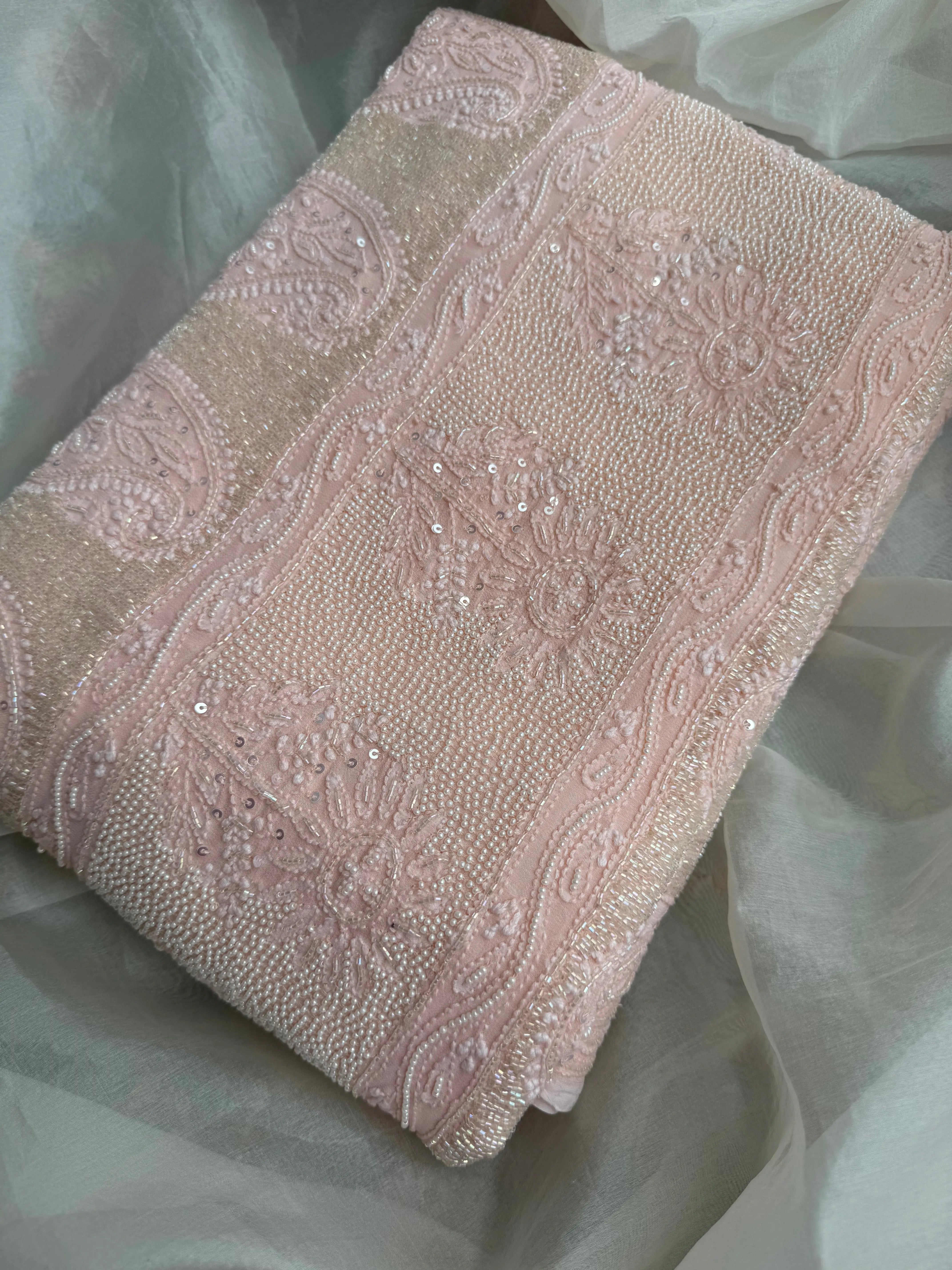 Viscose Pale Pink Chikankari saree with Pearl embellishments ARIAA CHIKANKARI 