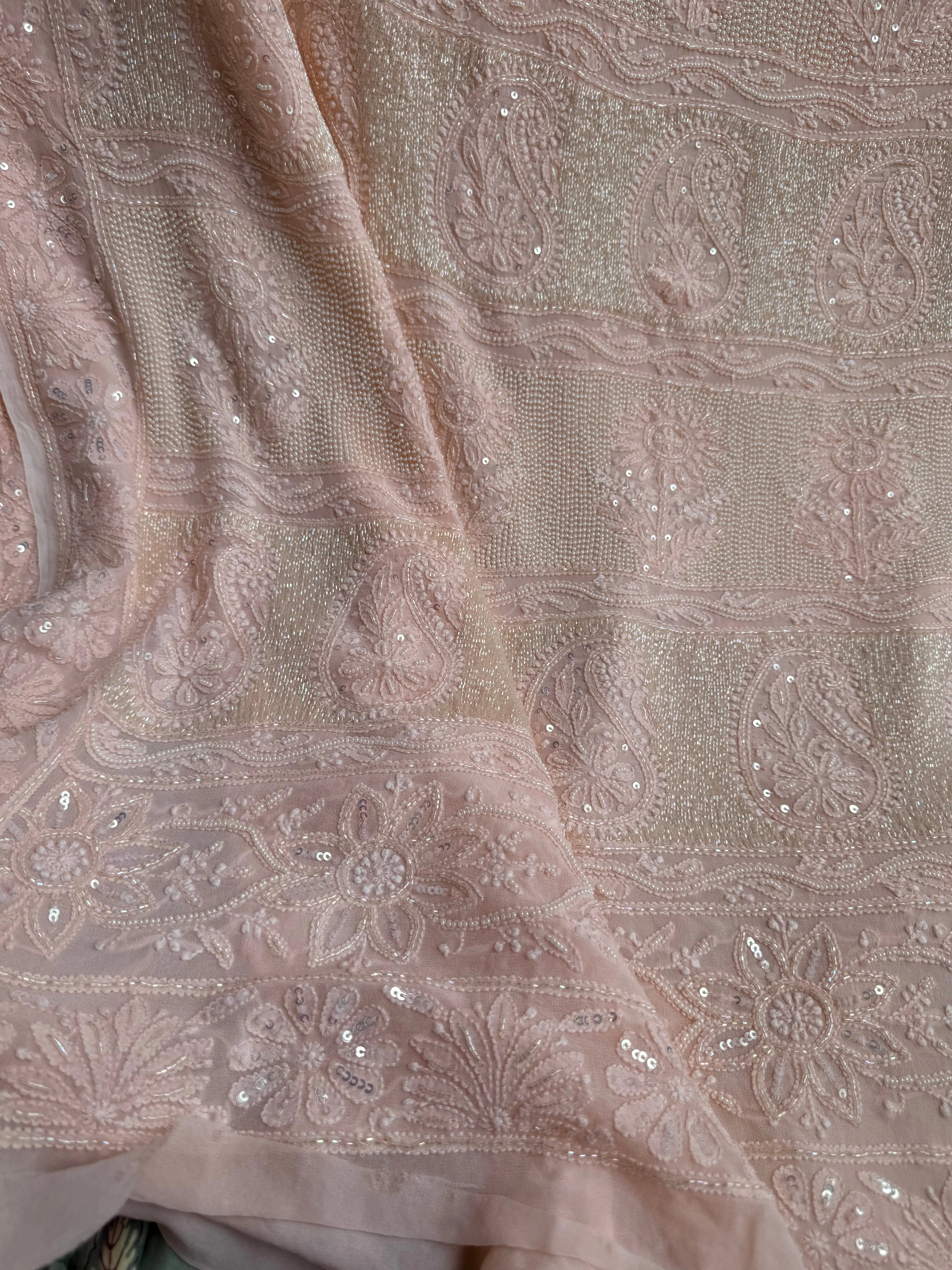 Viscose Pale Pink Chikankari saree with Pearl embellishments ARIAA CHIKANKARI 