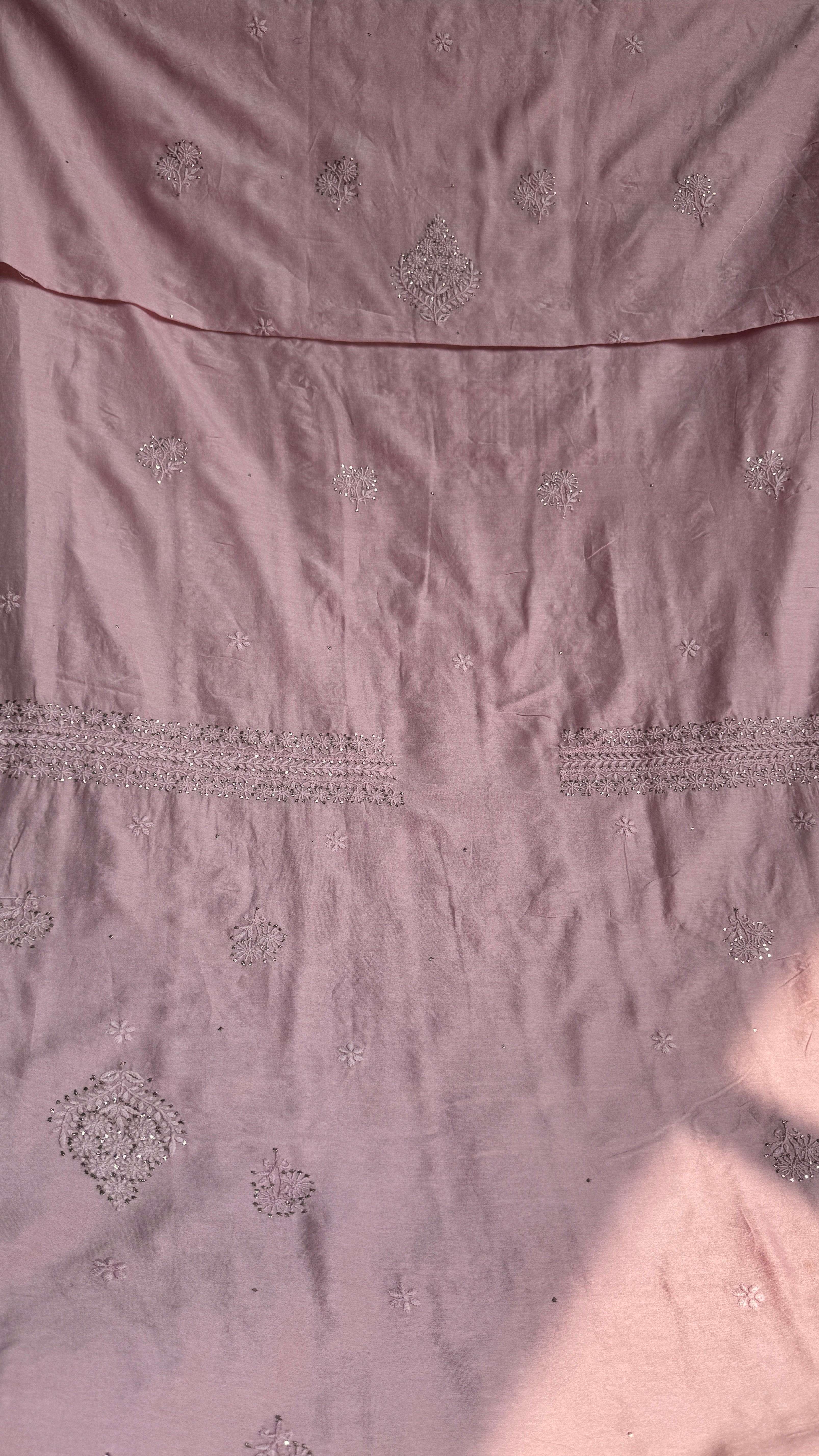 Chanderi Chikankari Length Mukaish with Dupatta - Pink