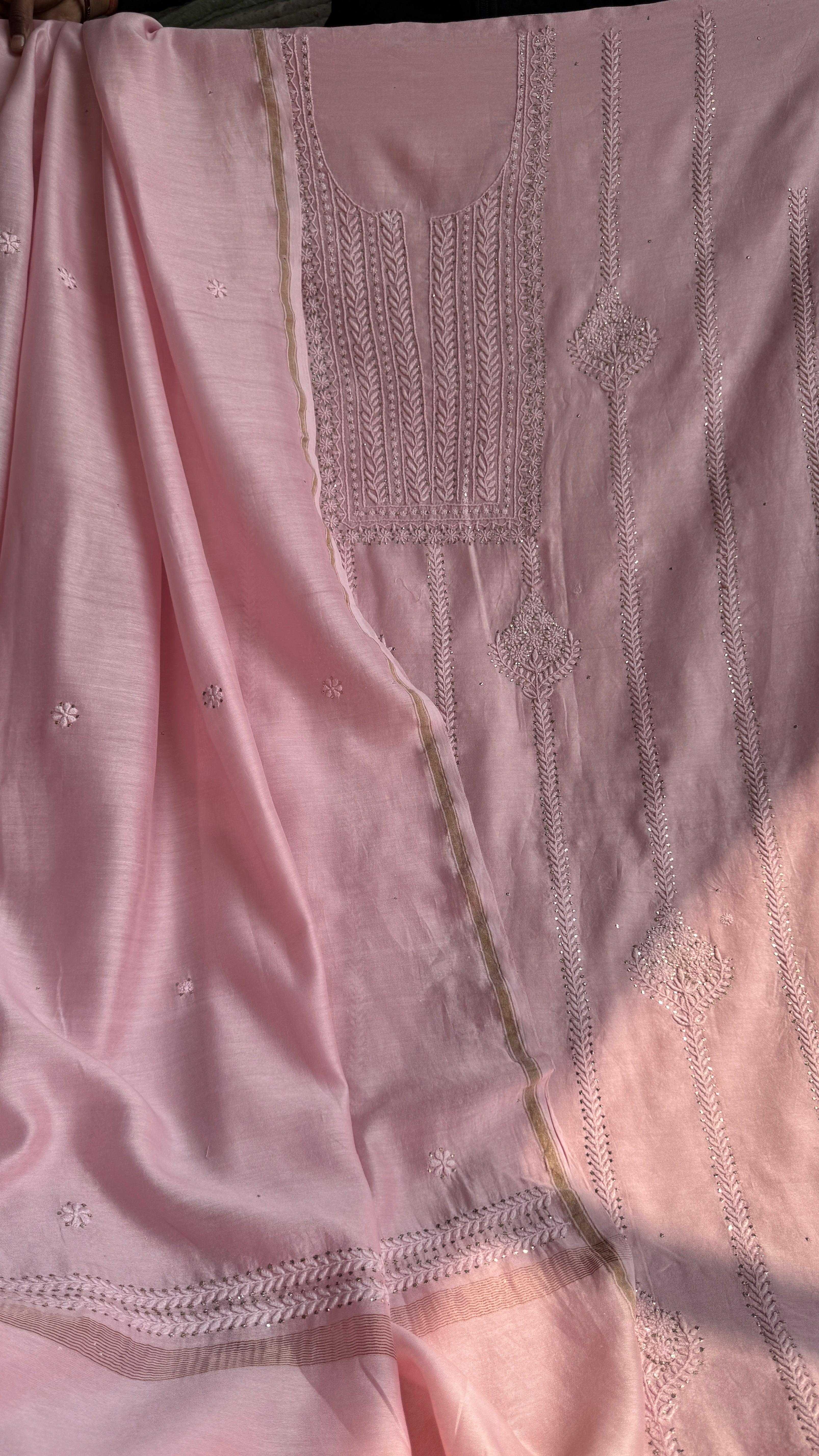 Chanderi Chikankari Length Mukaish with Dupatta - Pink