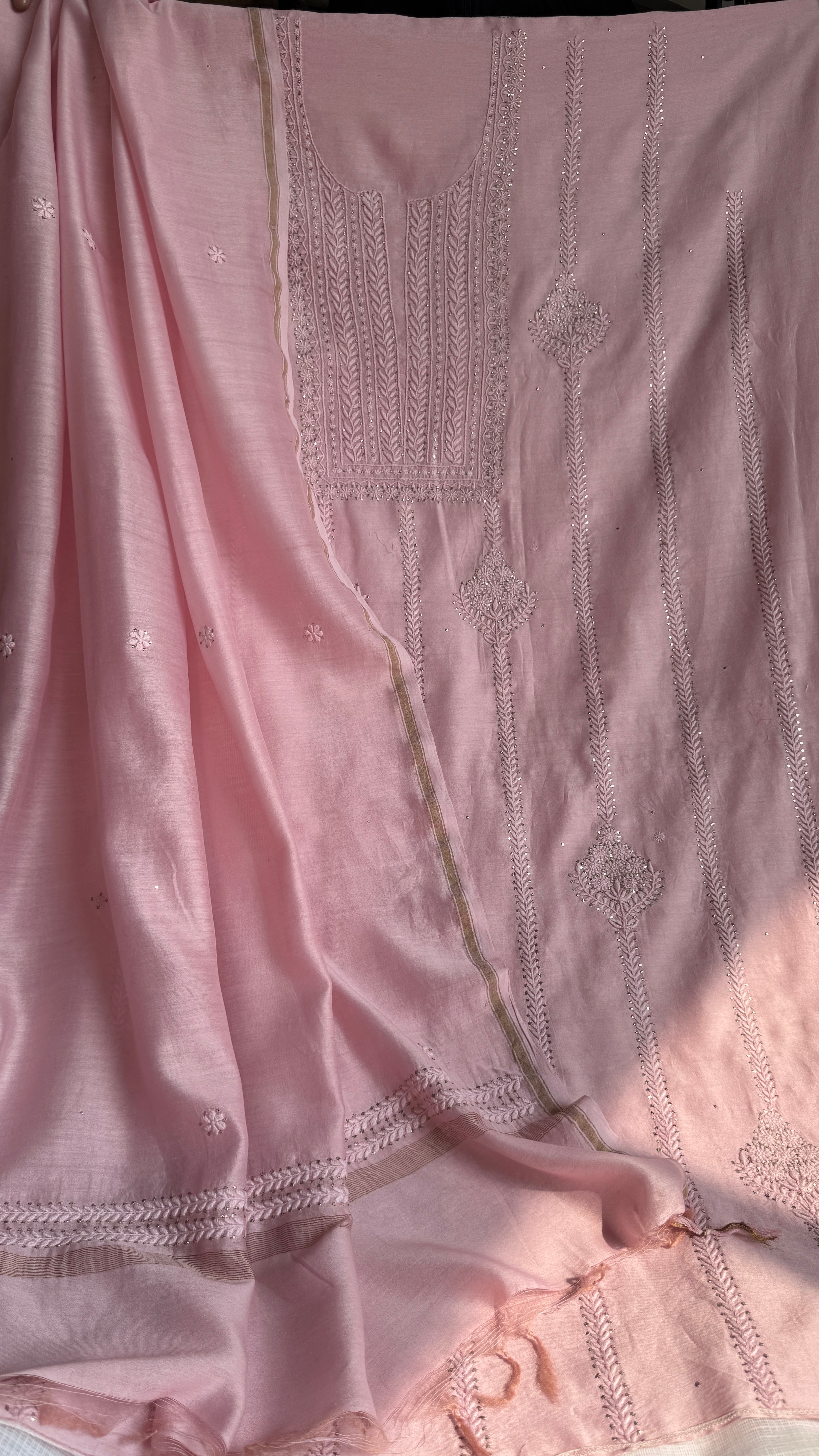 Chanderi Chikankari Length Mukaish with Dupatta - Pink