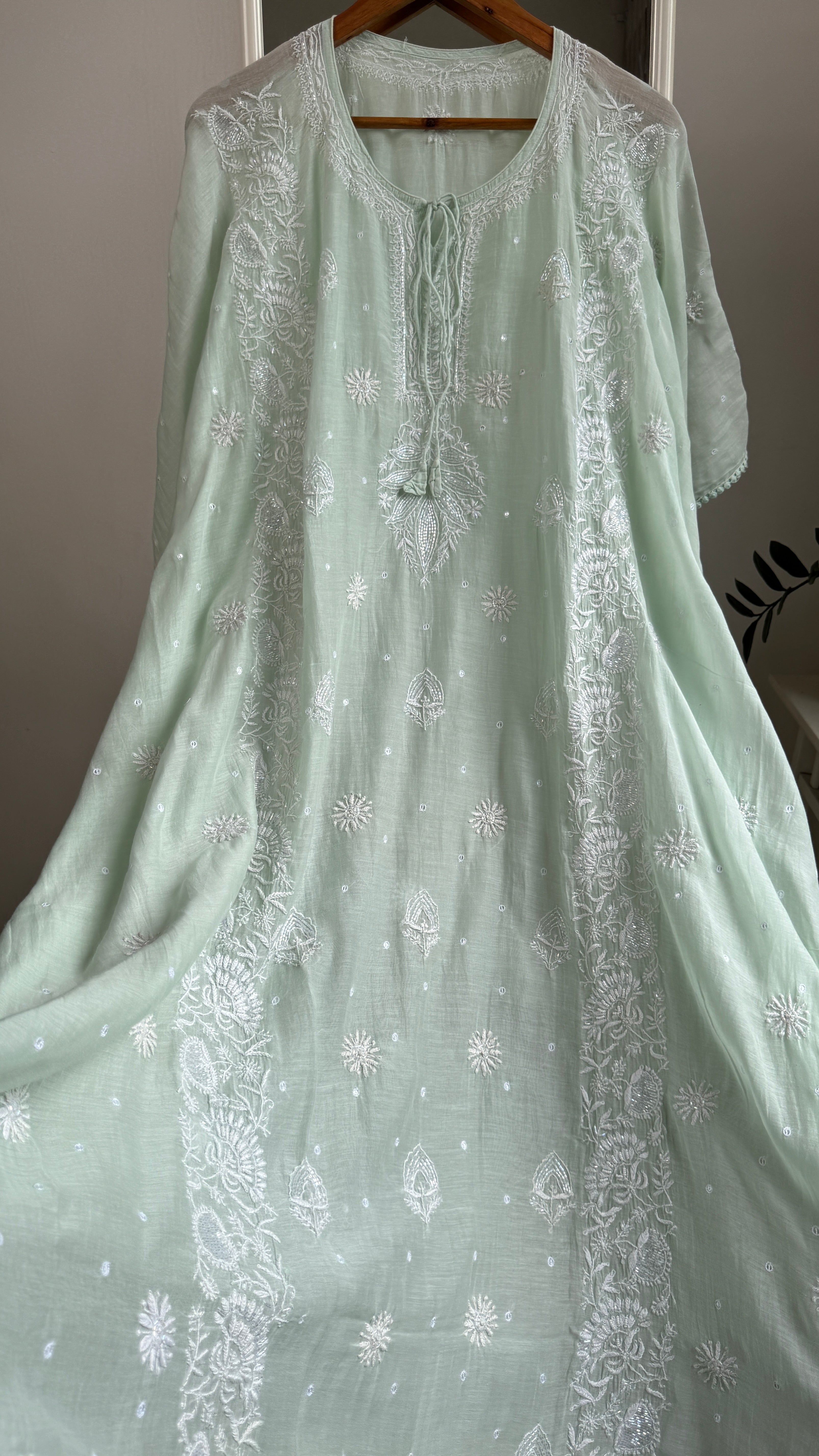 Mul Chanderi Chikankari Kaftan - Green